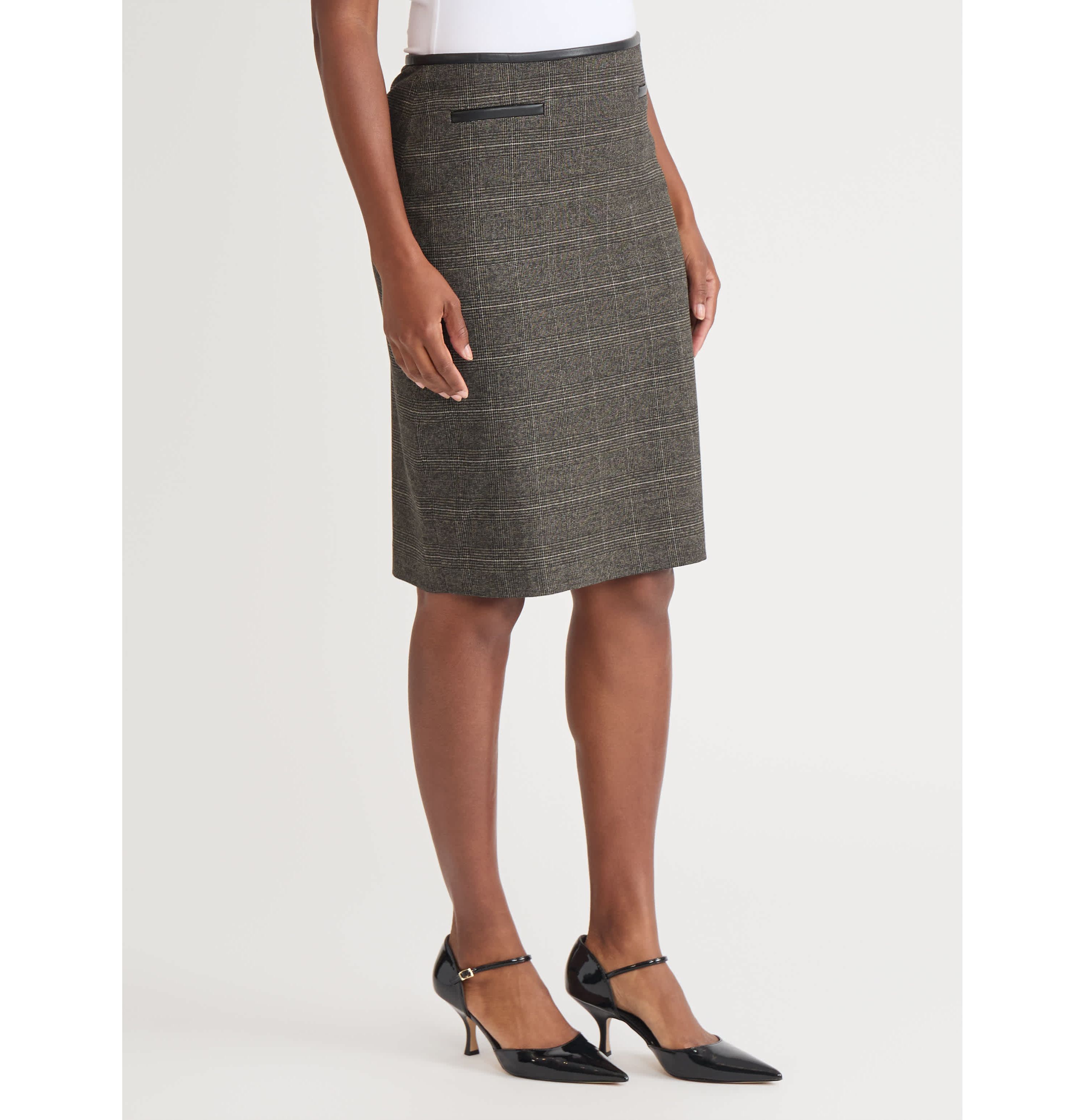 Womens Plaid Slim Skirt with Leather Trim