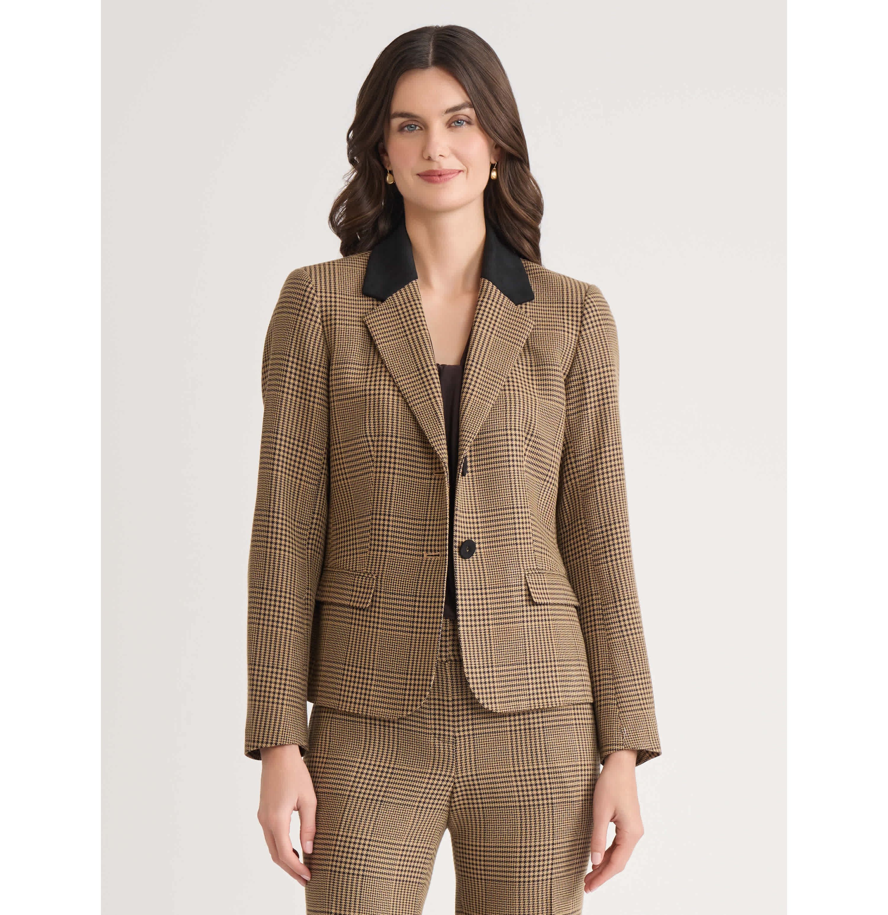 Womens Plaid Two Button Jacket with Elbow Patch