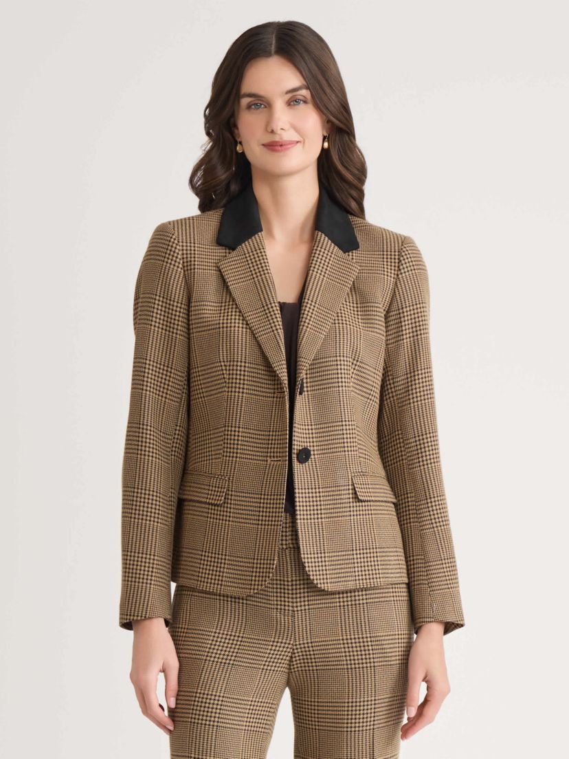 Womens Plaid Two Button Jacket with Elbow Patch