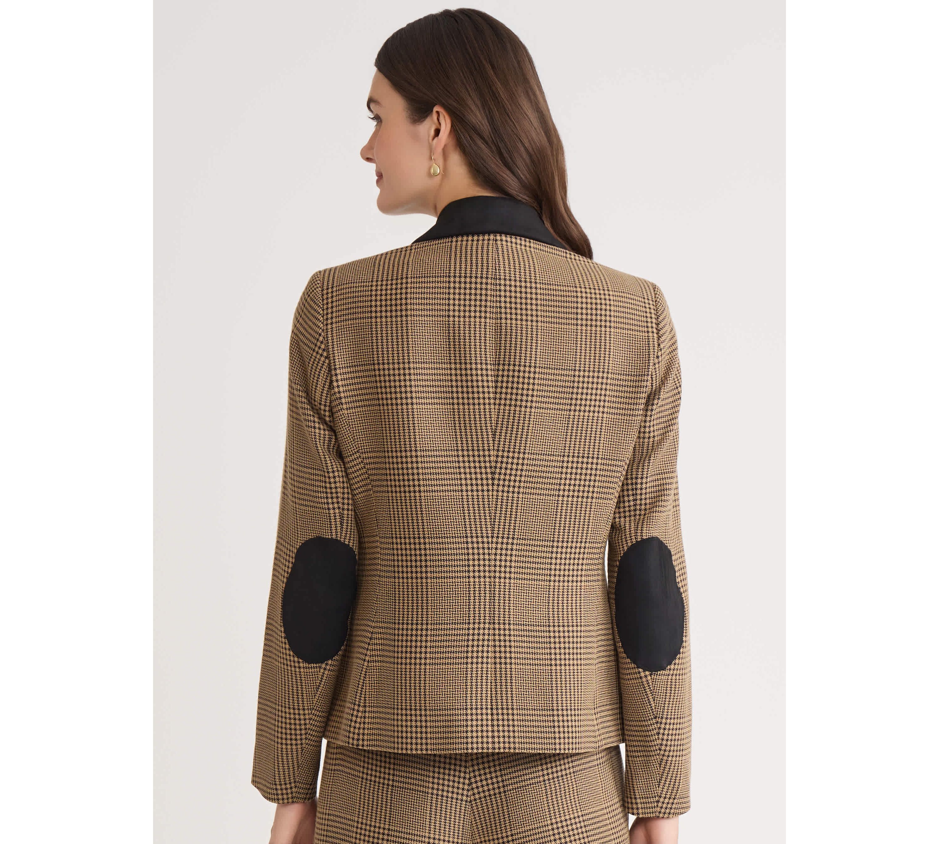 Womens Plaid Two Button Jacket with Elbow Patch