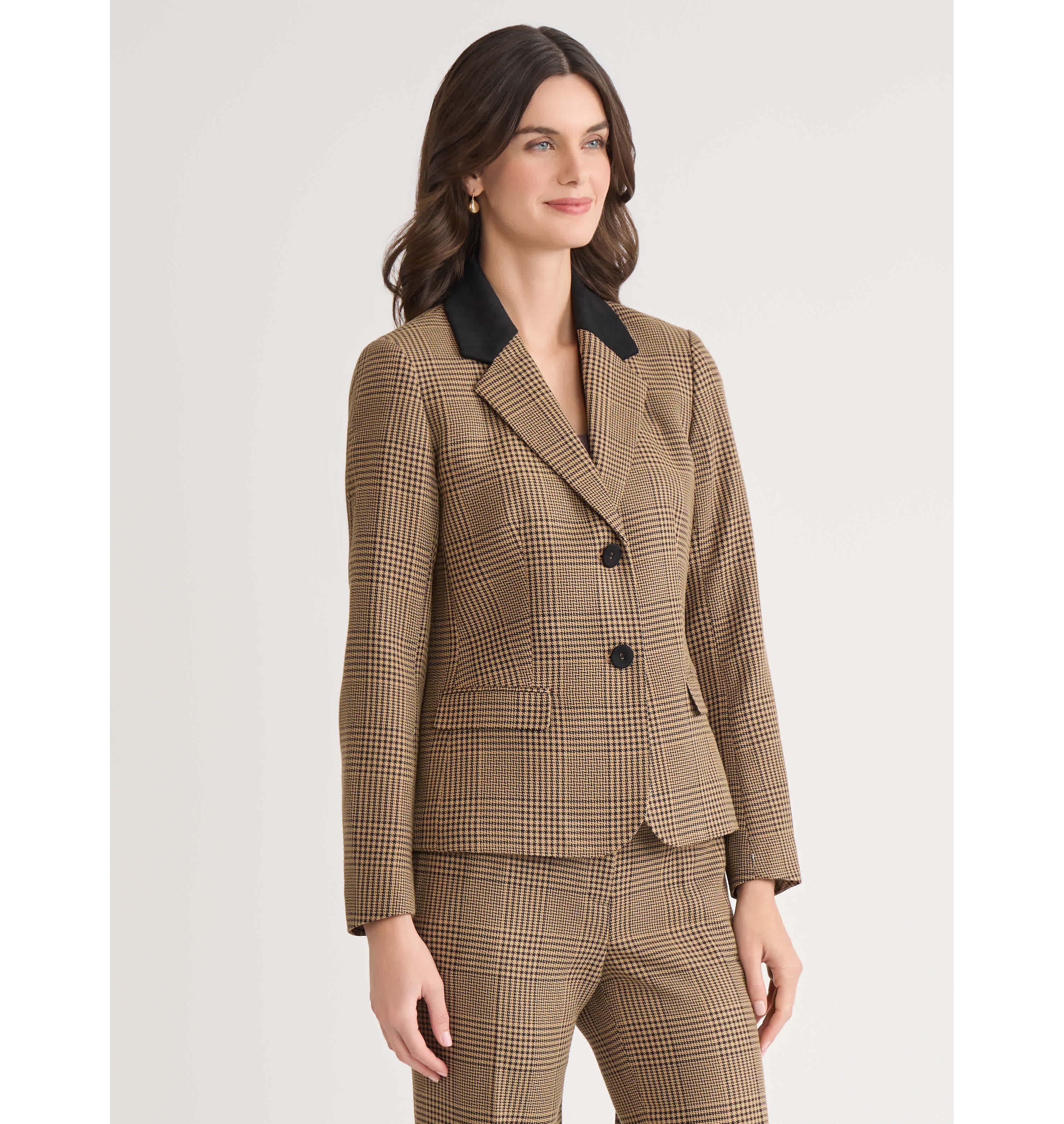 Womens Plaid Two Button Jacket with Elbow Patch