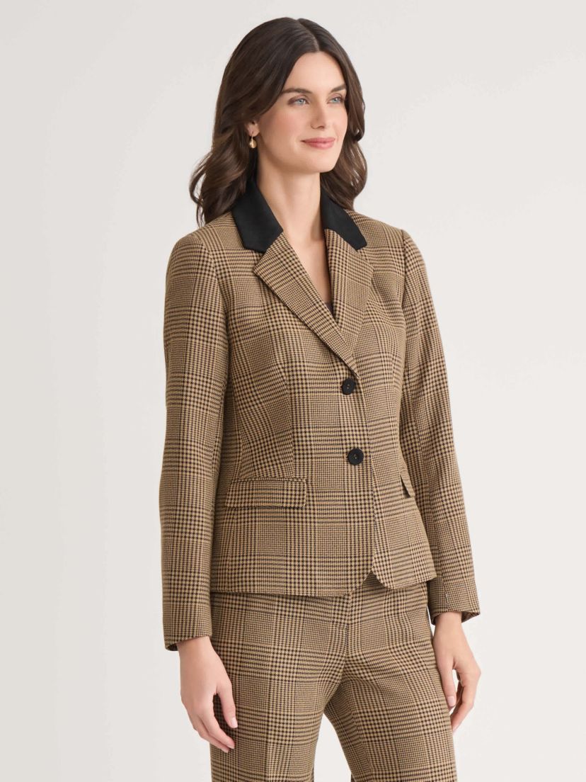 Womens Plaid Two Button Jacket with Elbow Patch