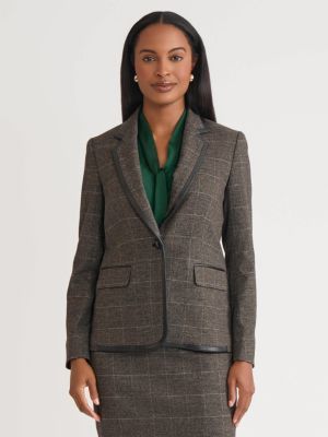 Kasper Women's Plaid One Button Jacket with Leather Framing