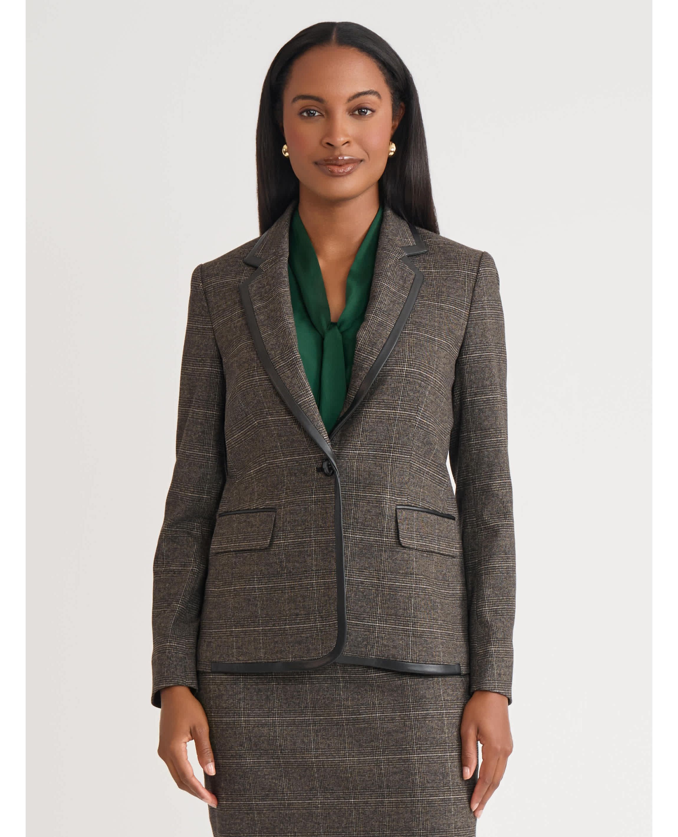 Womens Plaid One Button Jacket with Leather Framing