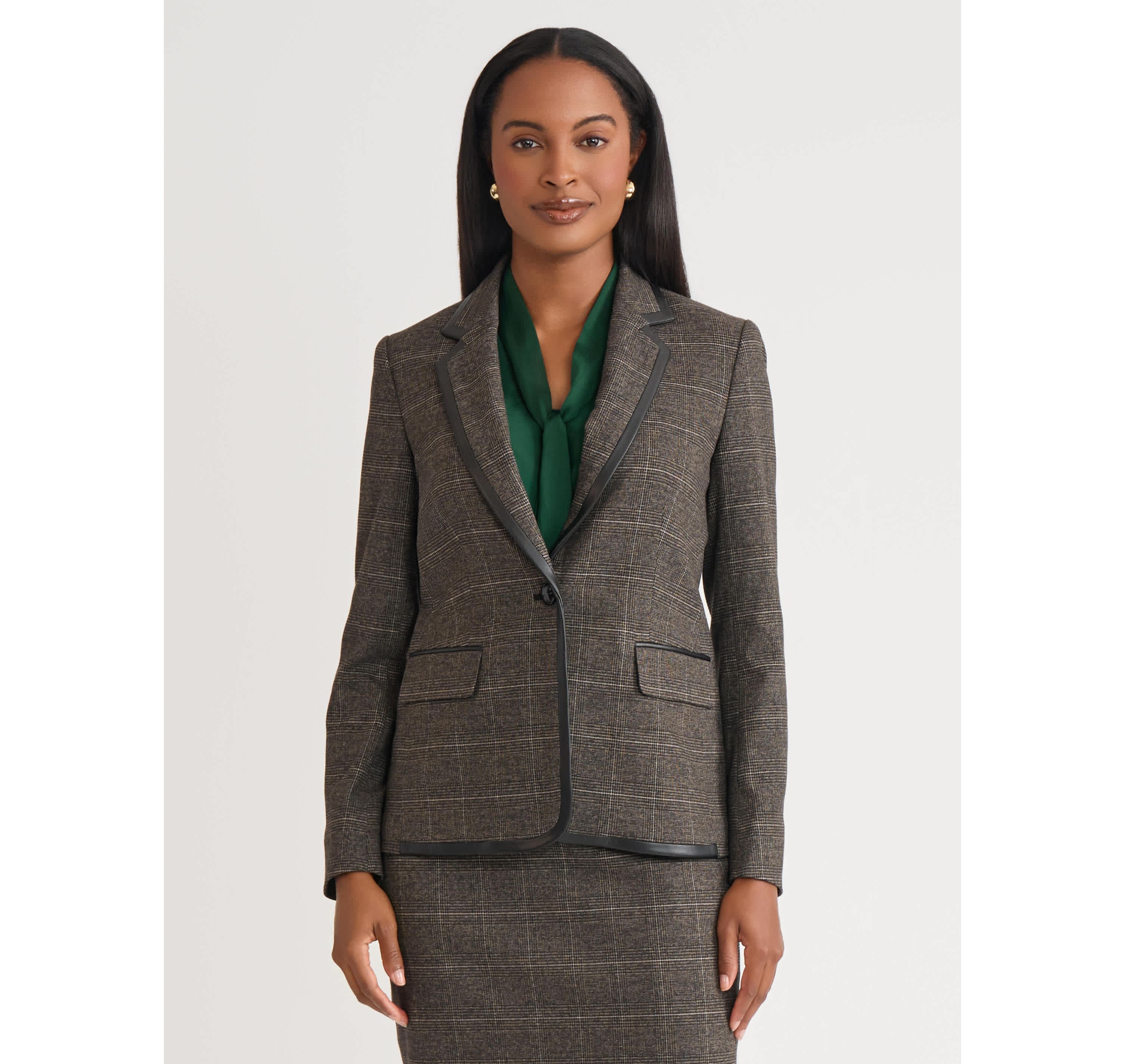 Womens Plaid One Button Jacket with Leather Framing