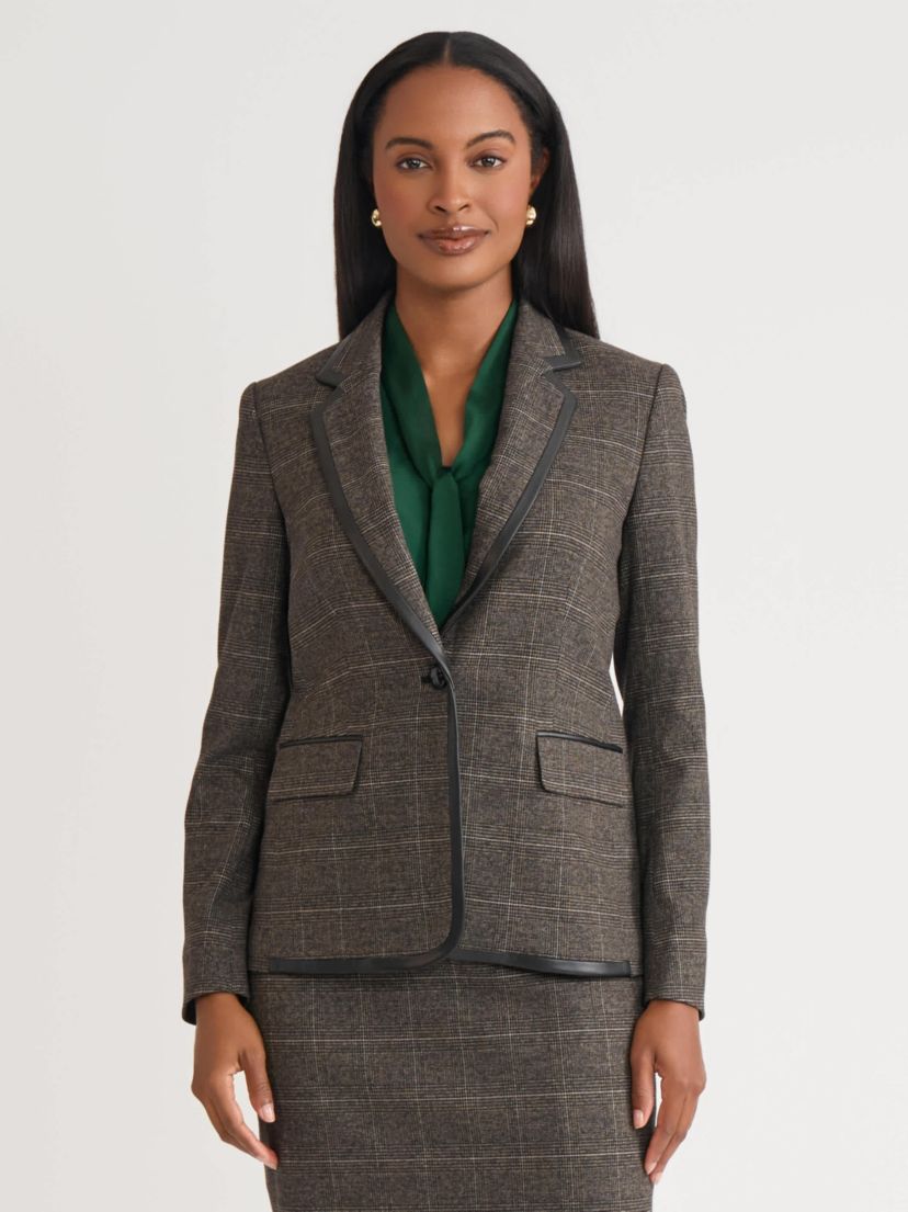 Womens Plaid One Button Jacket with Leather Framing