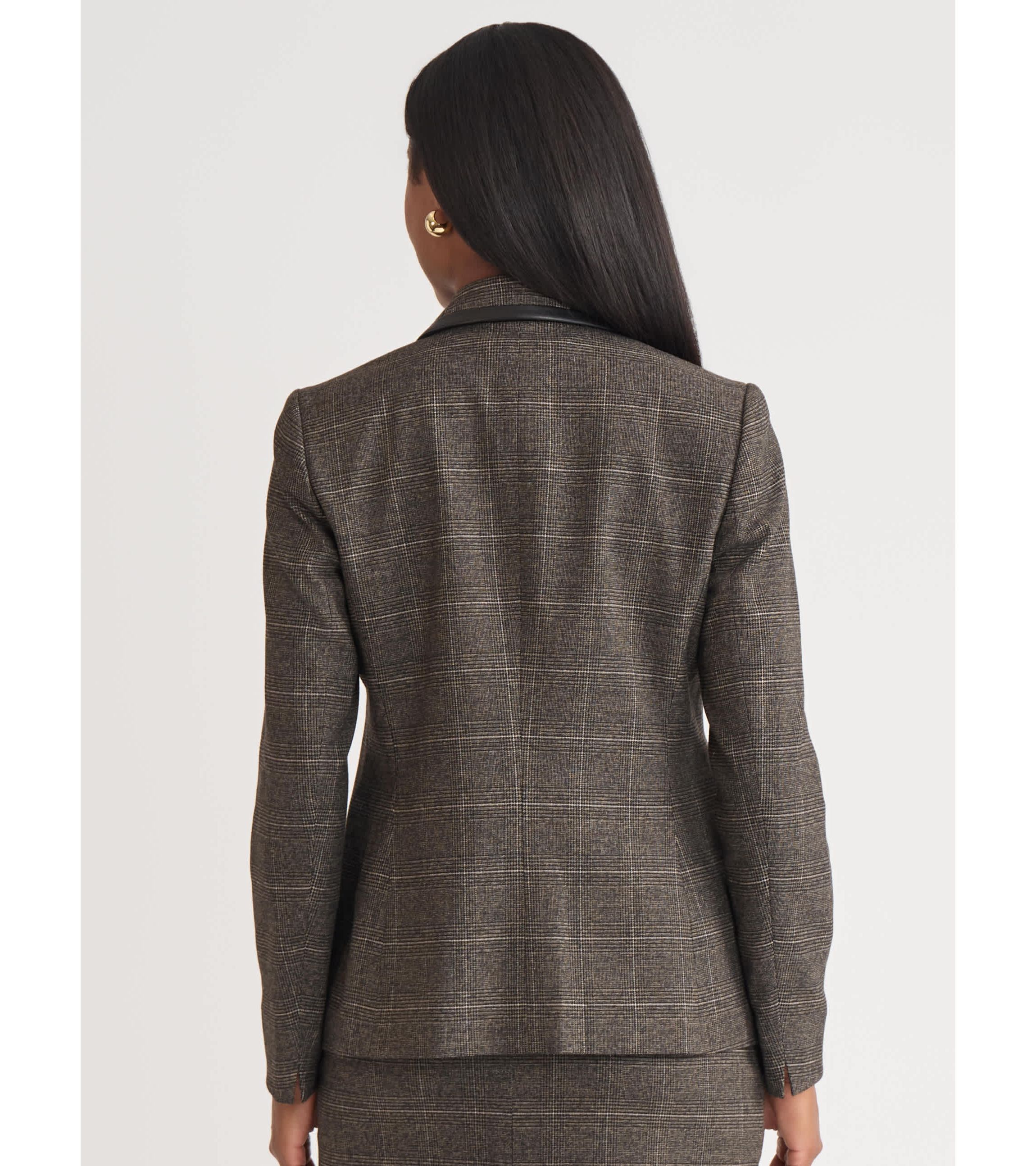 Womens Plaid One Button Jacket with Leather Framing