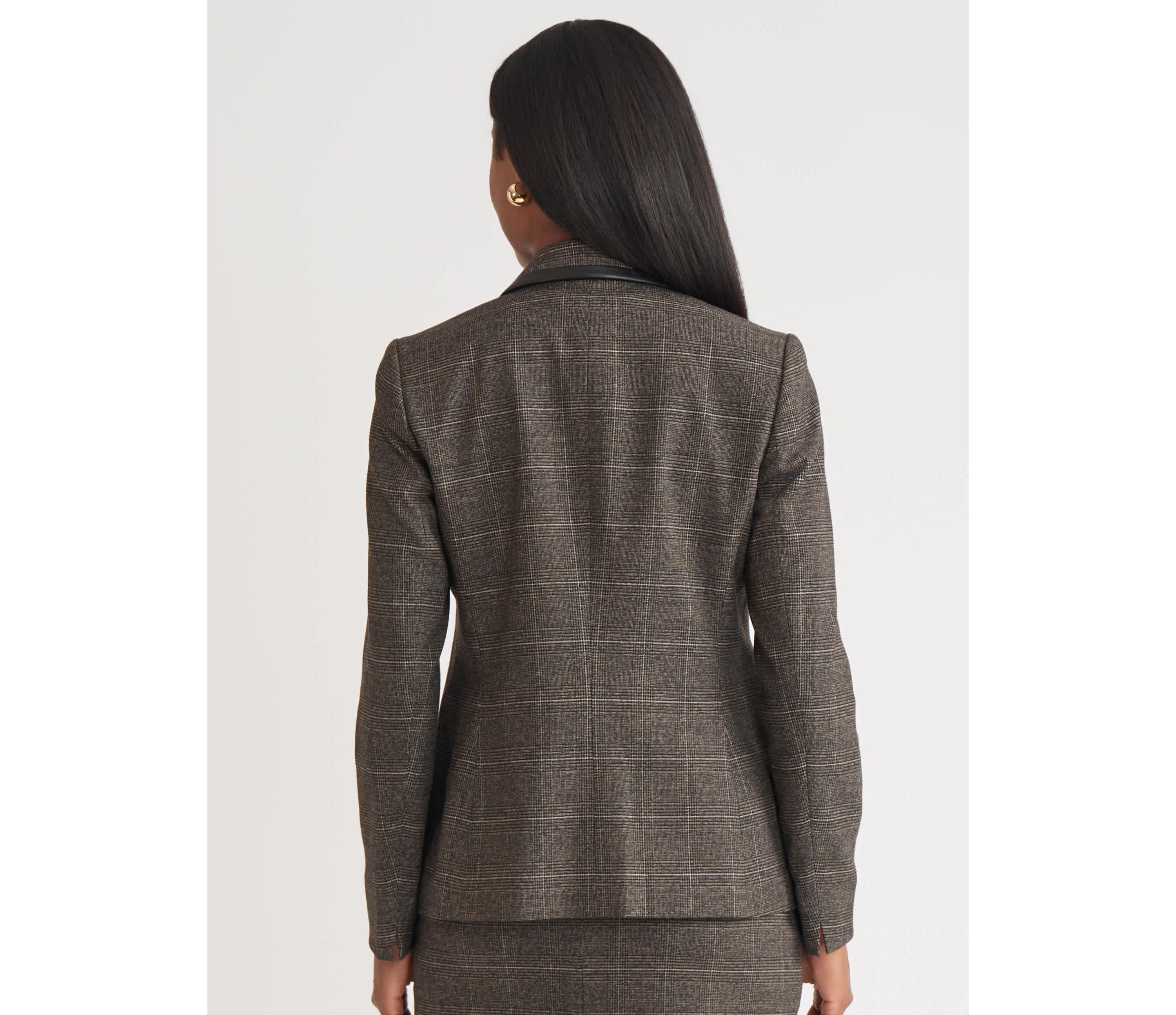 Womens Plaid One Button Jacket with Leather Framing