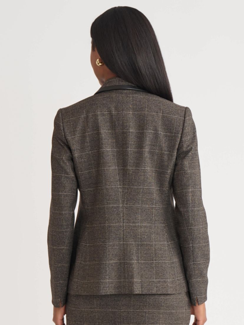 Womens Plaid One Button Jacket with Leather Framing