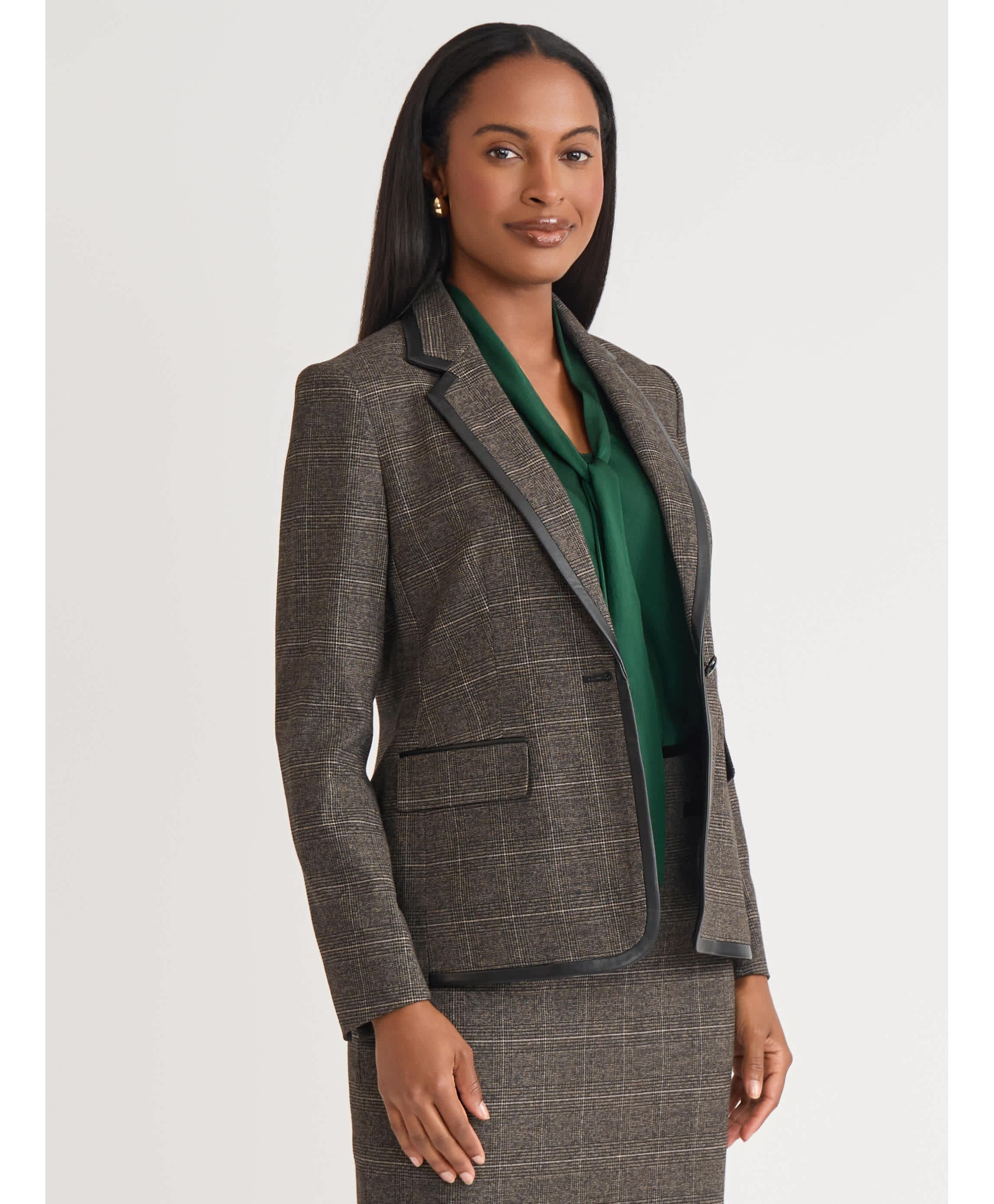 Womens Plaid One Button Jacket with Leather Framing
