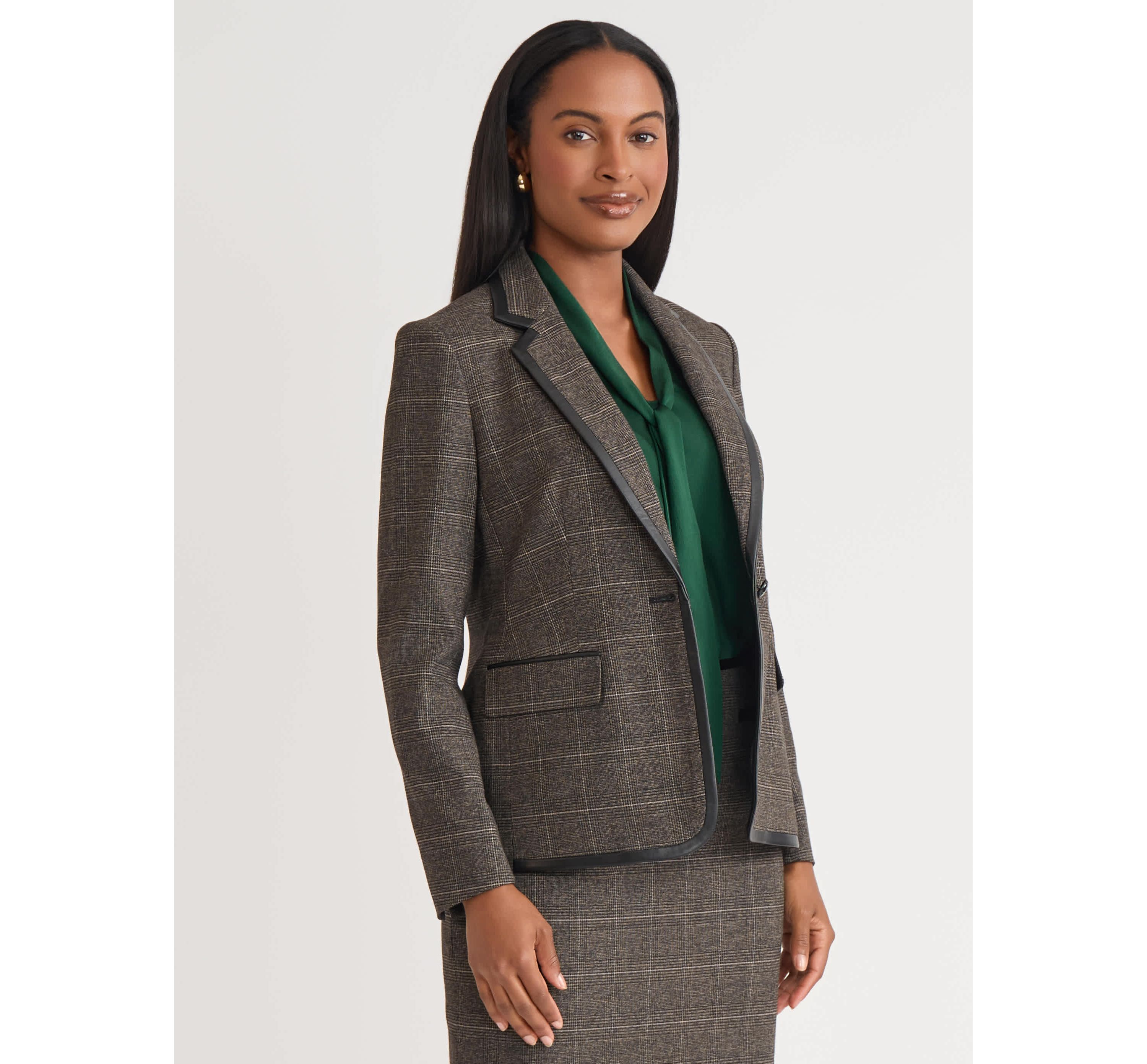 Womens Plaid One Button Jacket with Leather Framing