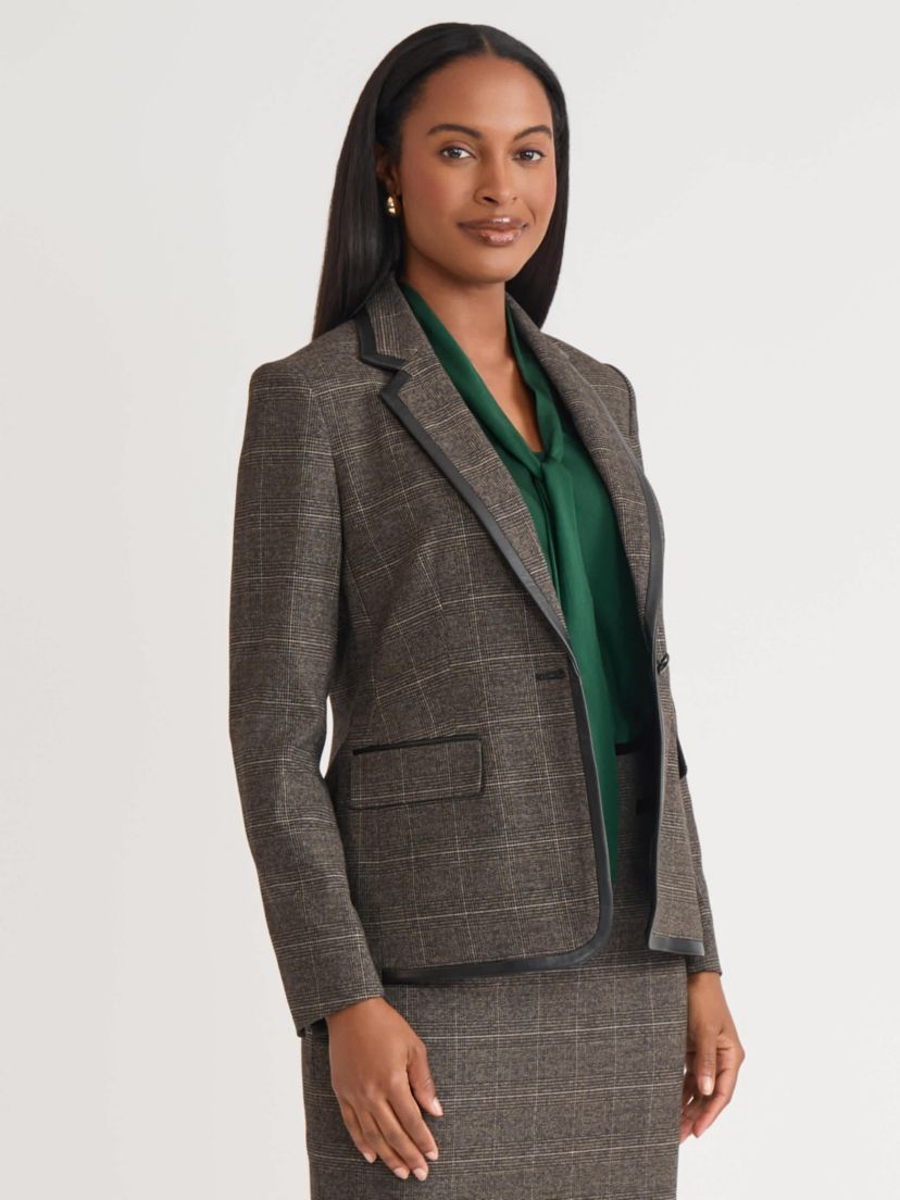 Womens Plaid One Button Jacket with Leather Framing