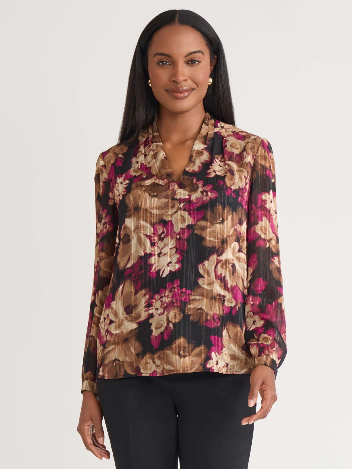 Petite Floral Print Long Sleeve V-Neck Blouse