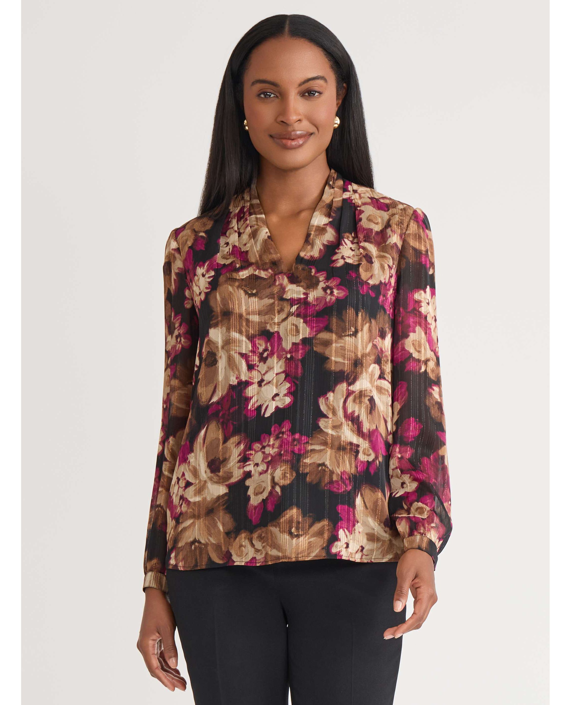 Petite Floral Print Long Sleeve V-Neck Blouse