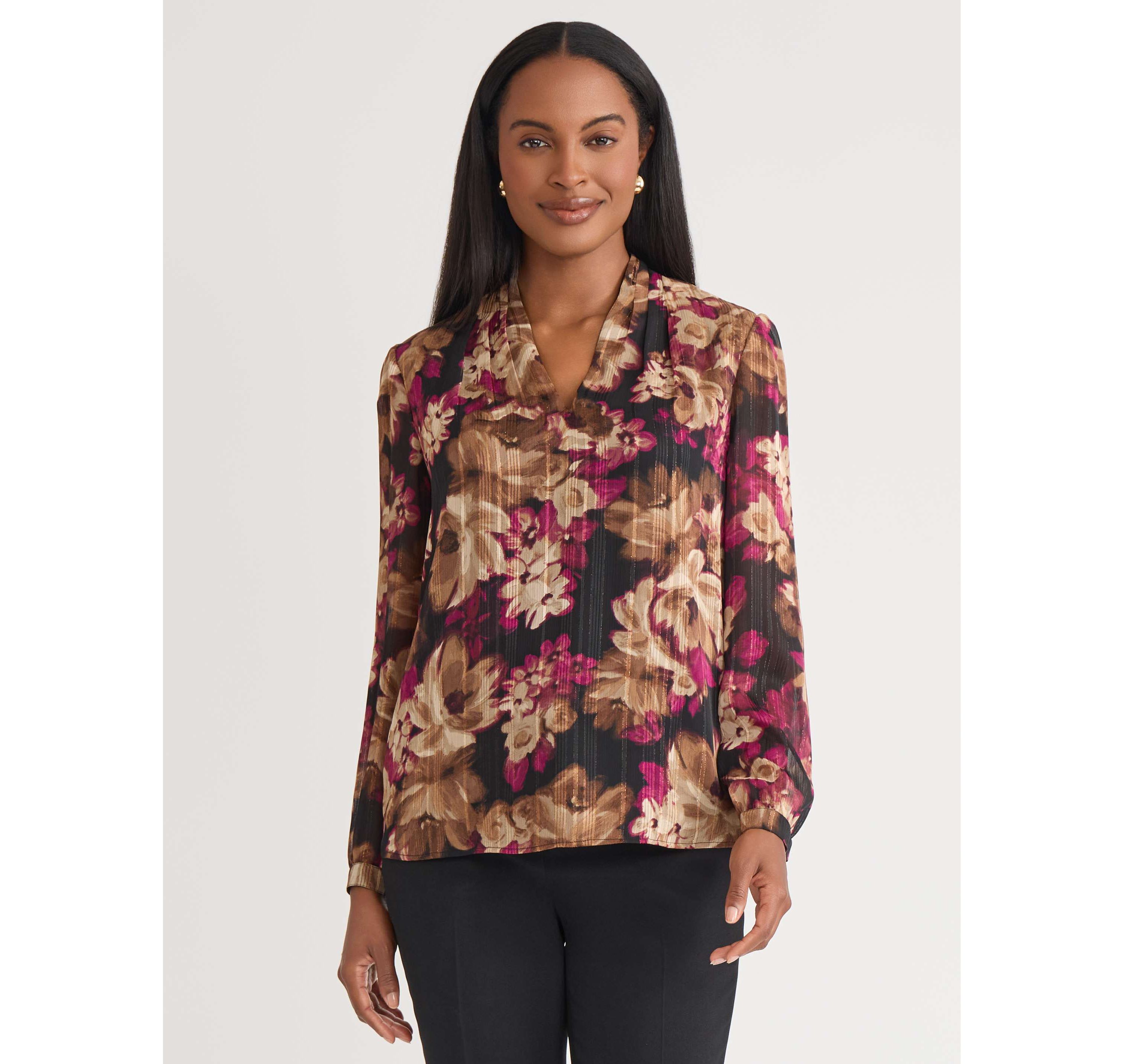 Petite Floral Print Long Sleeve V-Neck Blouse