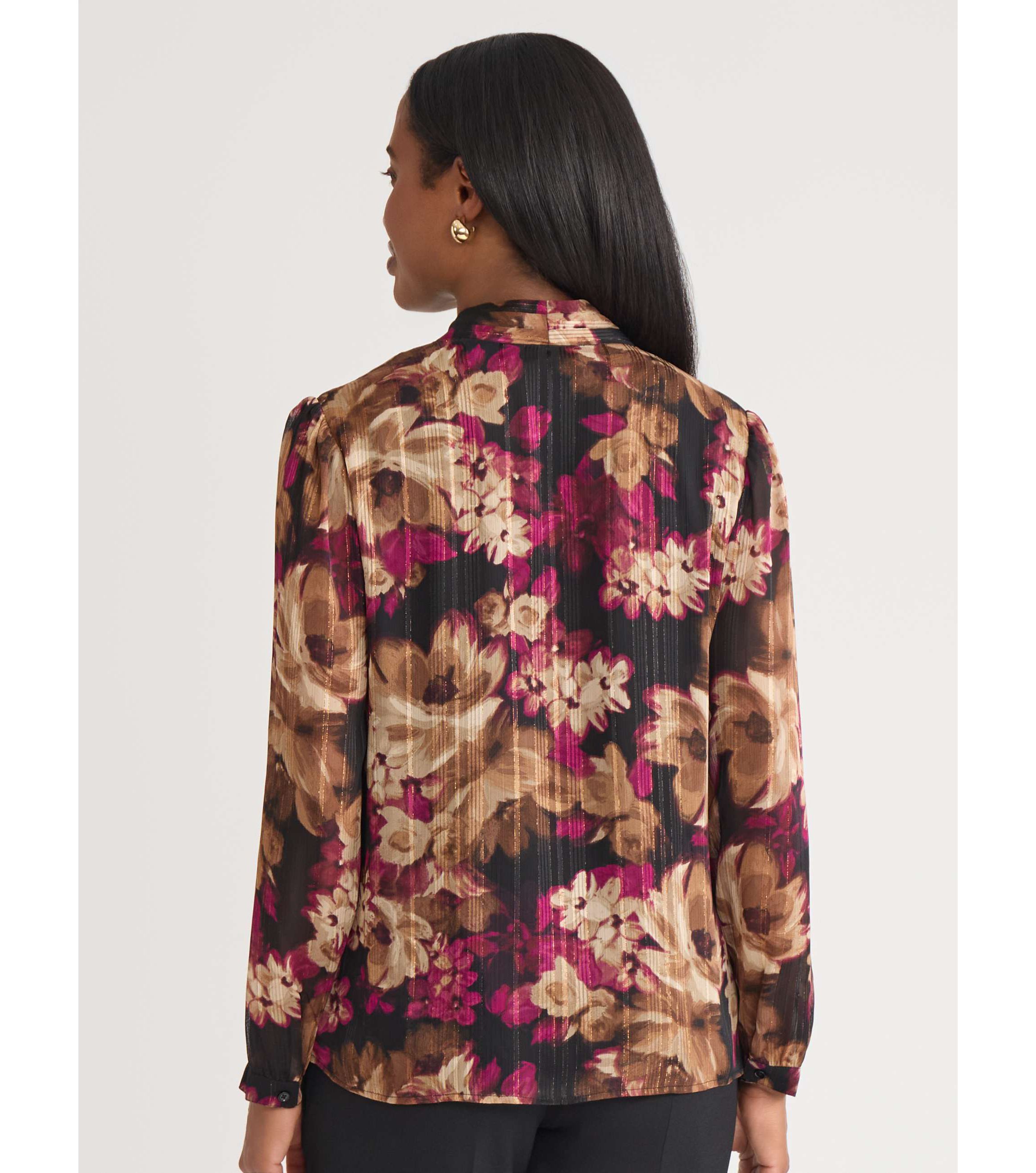 Petite Floral Print Long Sleeve V-Neck Blouse