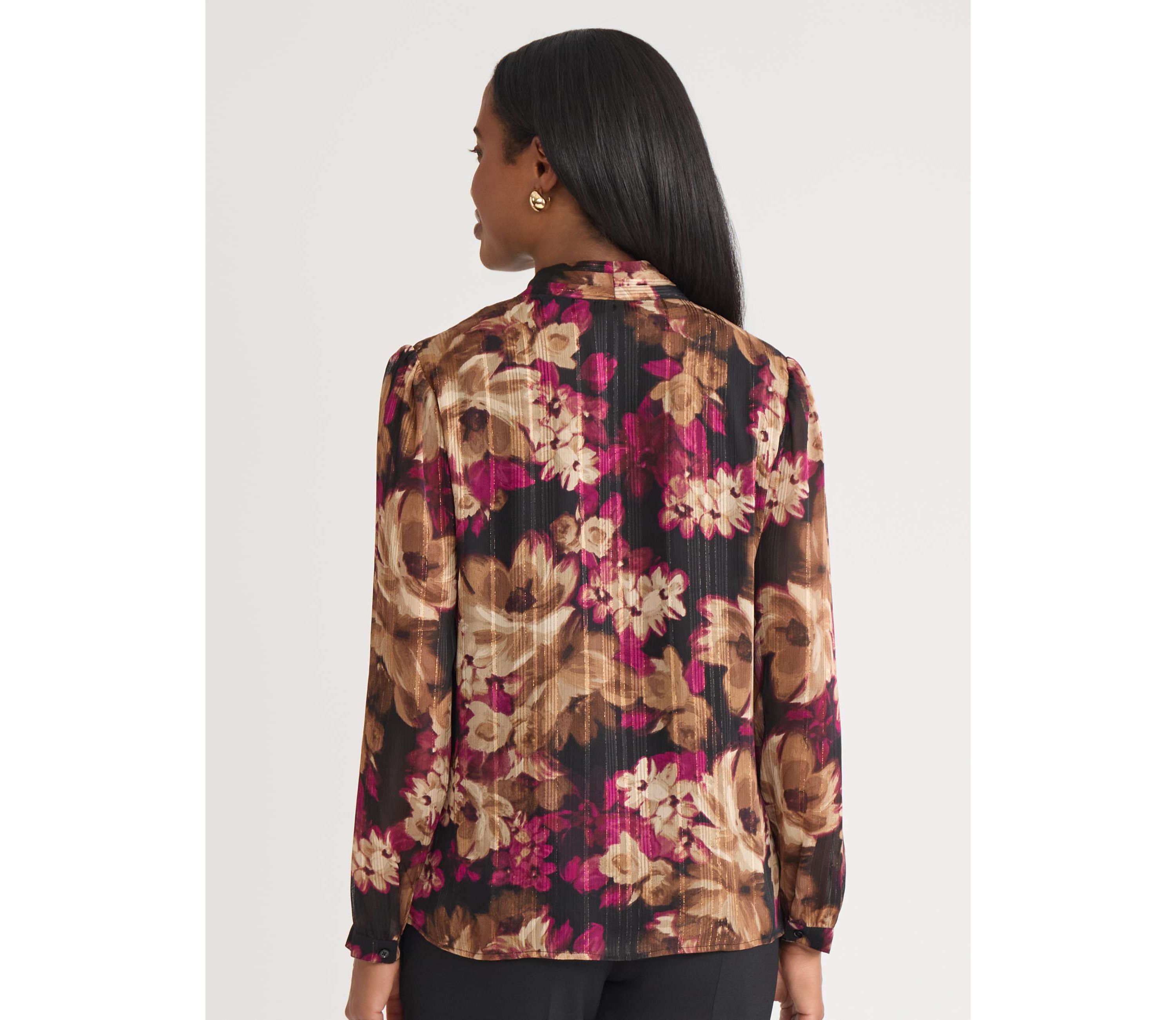 Petite Floral Print Long Sleeve V-Neck Blouse