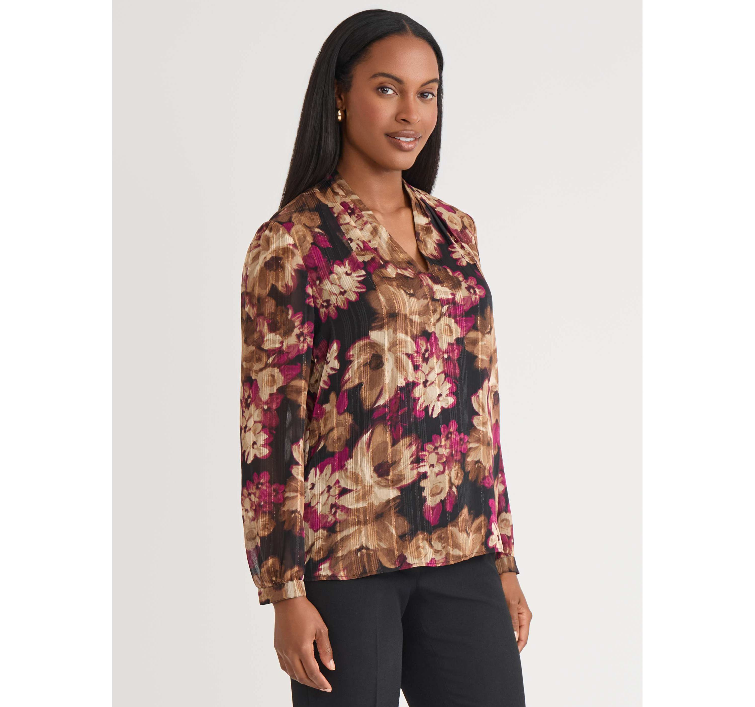 Petite Floral Print Long Sleeve V-Neck Blouse