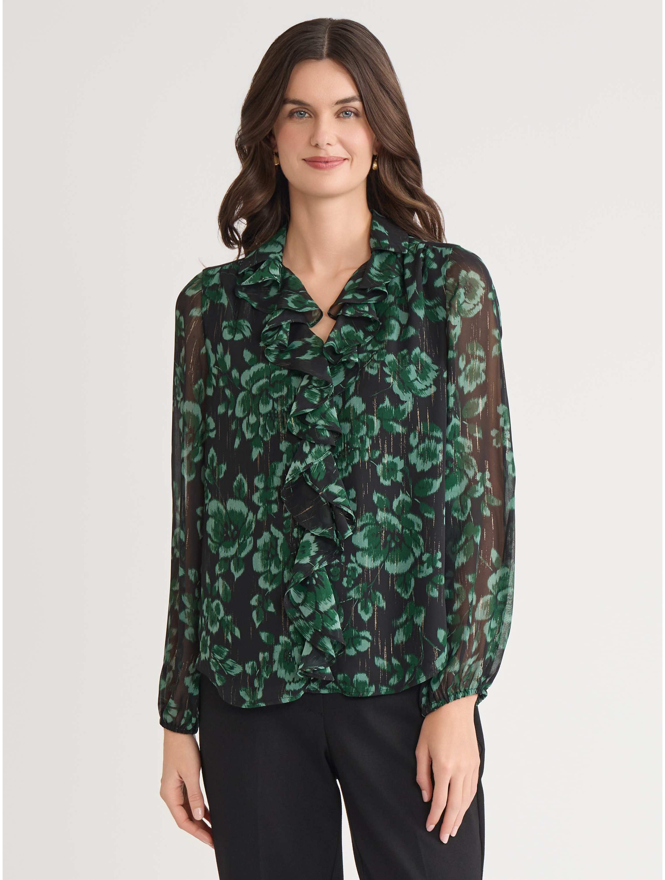 Womens Floral Print Long Sleeve Ruffle Front Blouse
