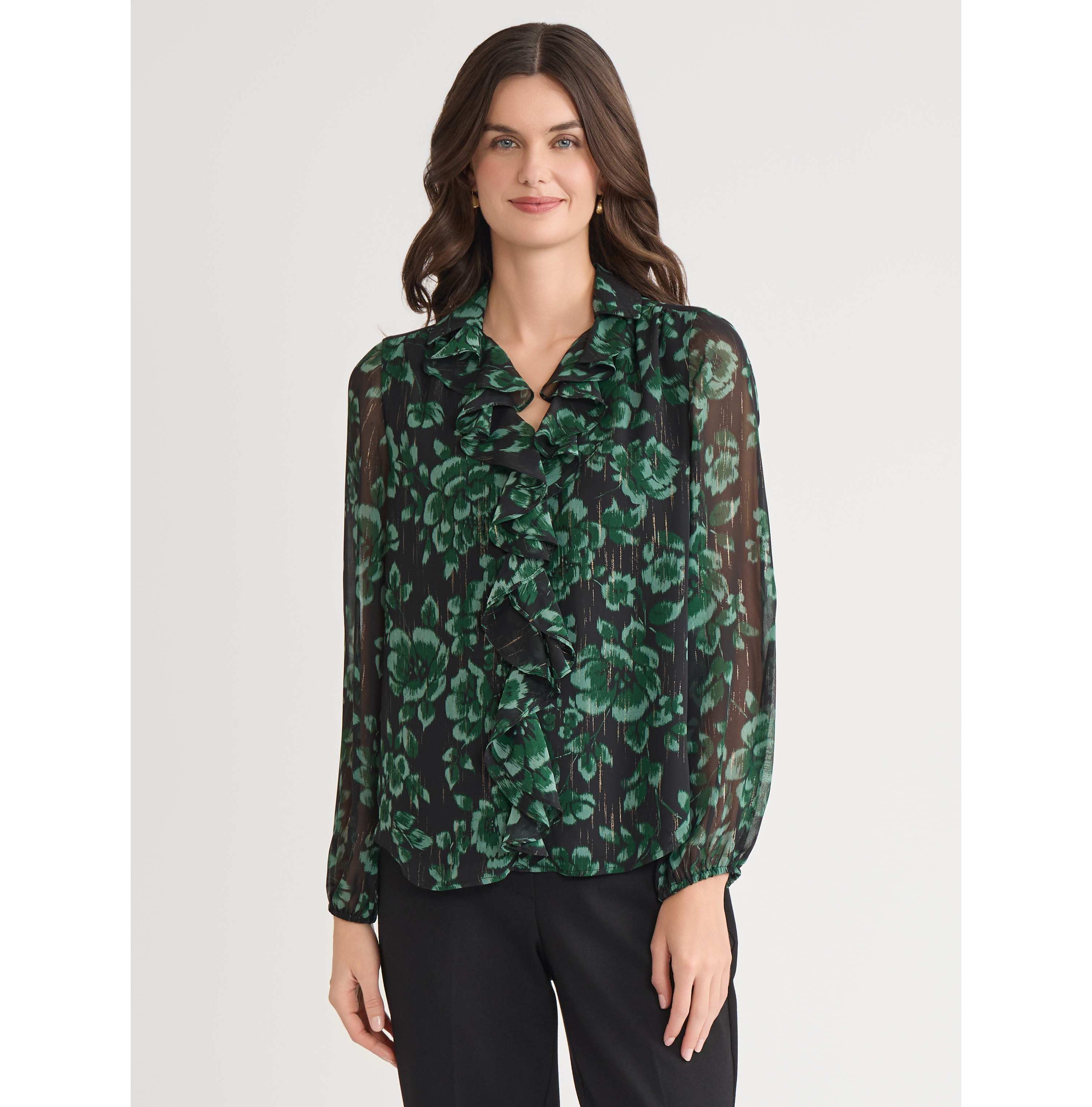 Womens Floral Print Long Sleeve Ruffle Front Blouse