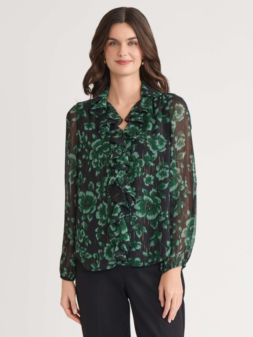 Womens Floral Print Long Sleeve Ruffle Front Blouse
