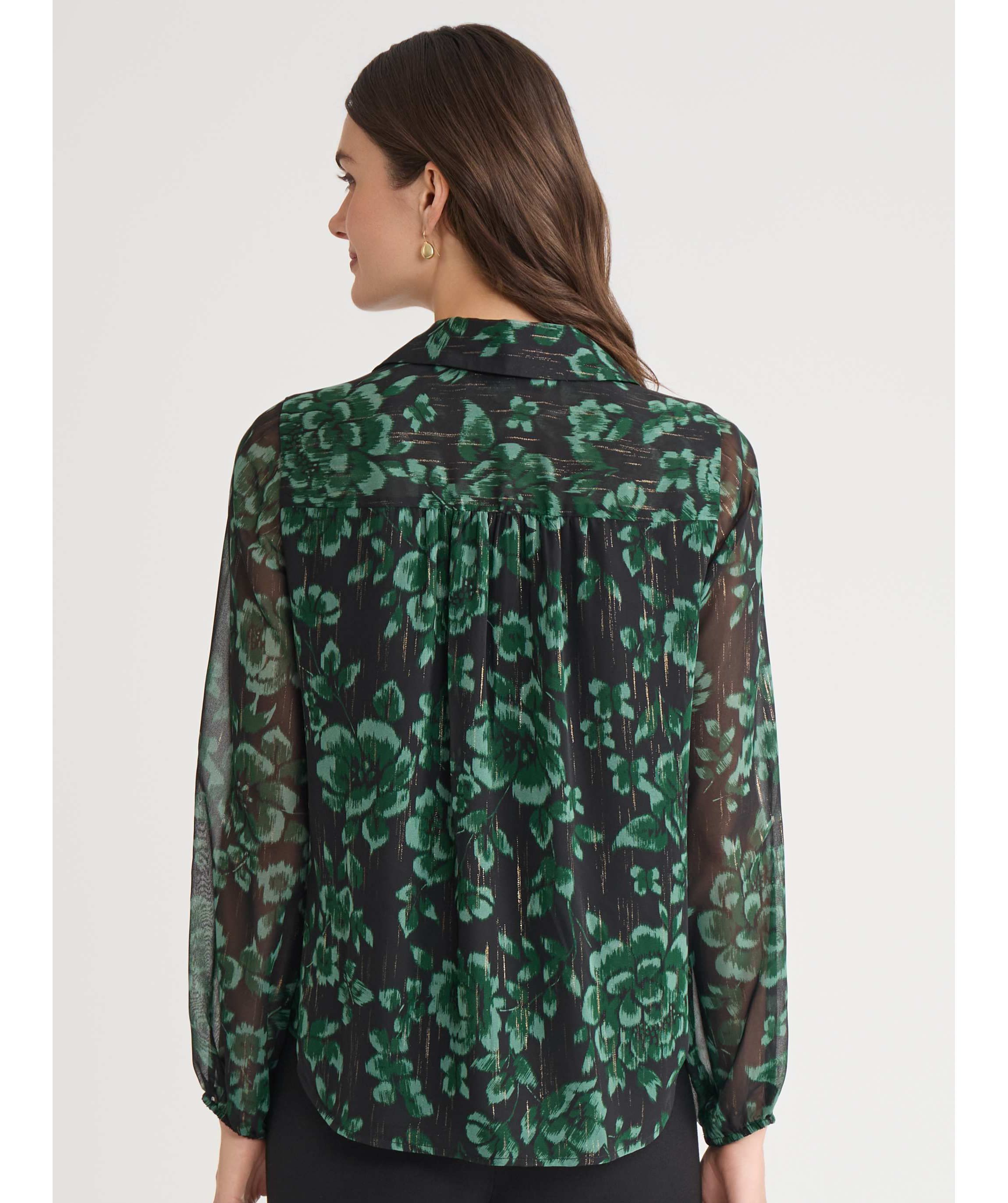 Womens Floral Print Long Sleeve Ruffle Front Blouse
