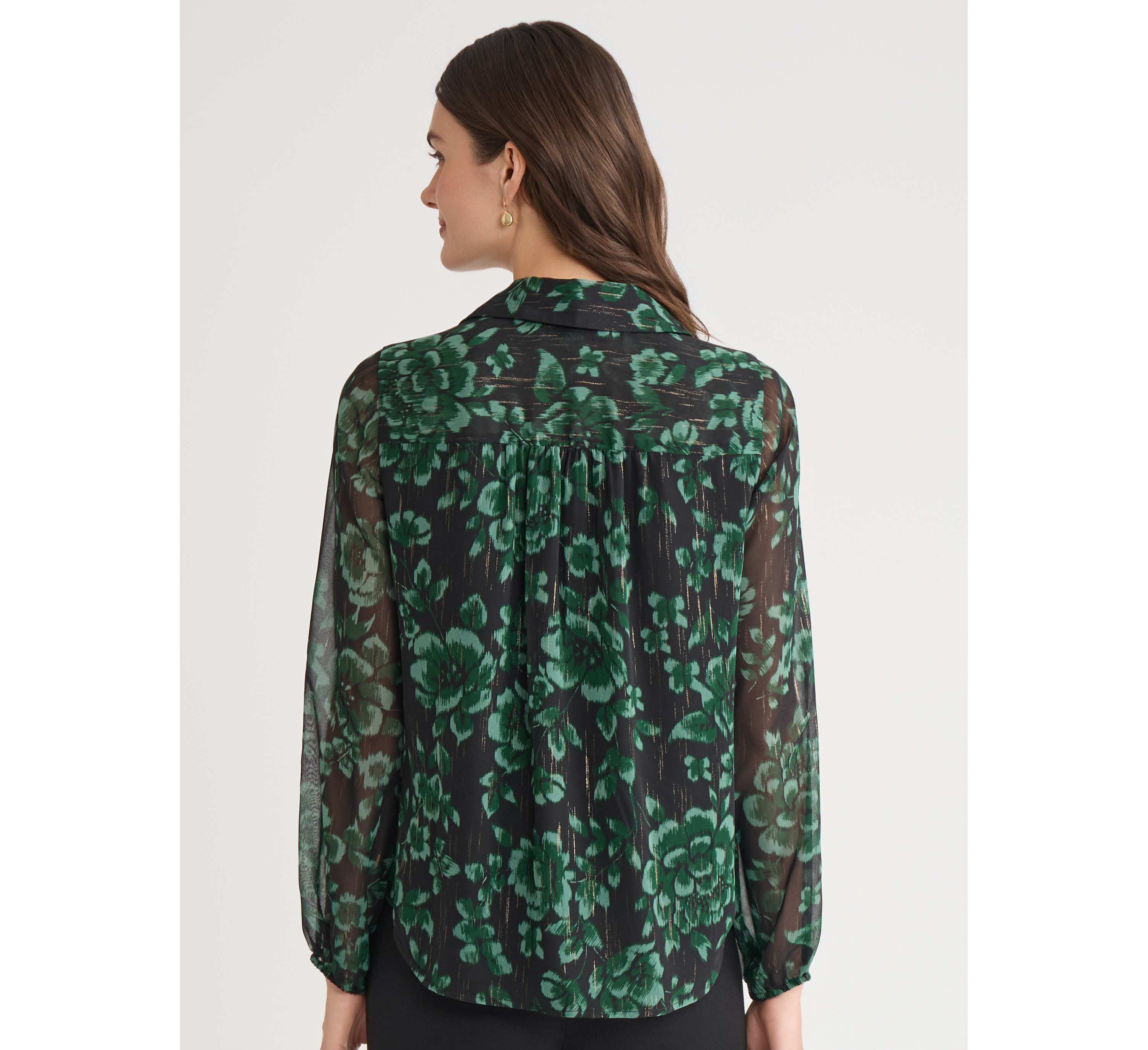 Womens Floral Print Long Sleeve Ruffle Front Blouse