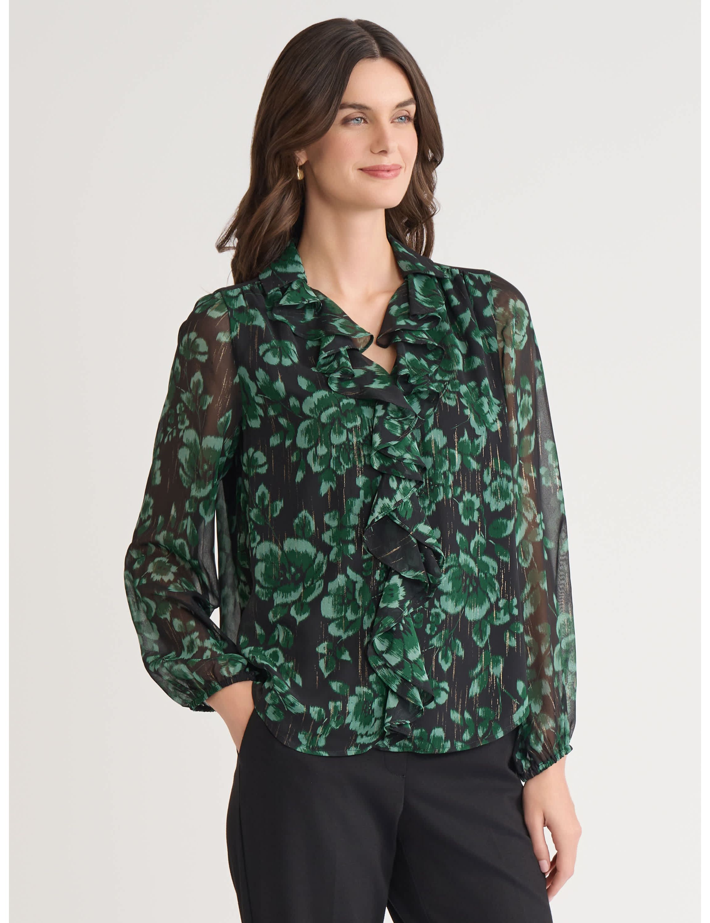 Womens Floral Print Long Sleeve Ruffle Front Blouse
