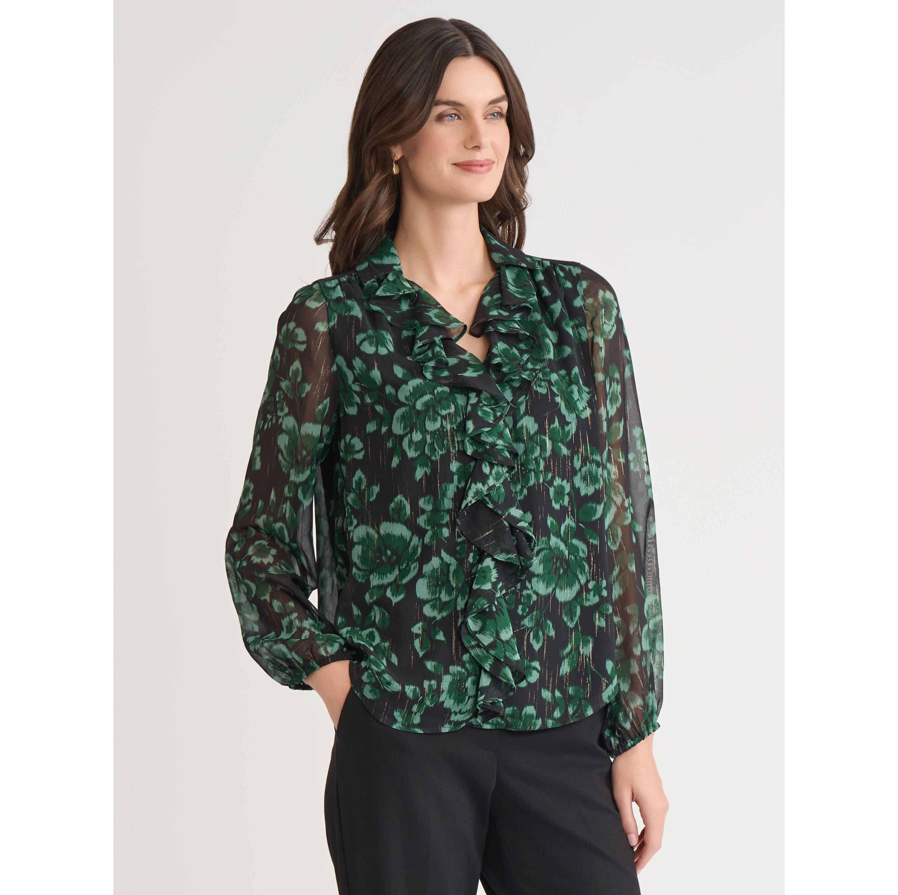 Womens Floral Print Long Sleeve Ruffle Front Blouse