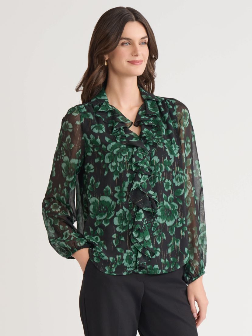 Womens Floral Print Long Sleeve Ruffle Front Blouse