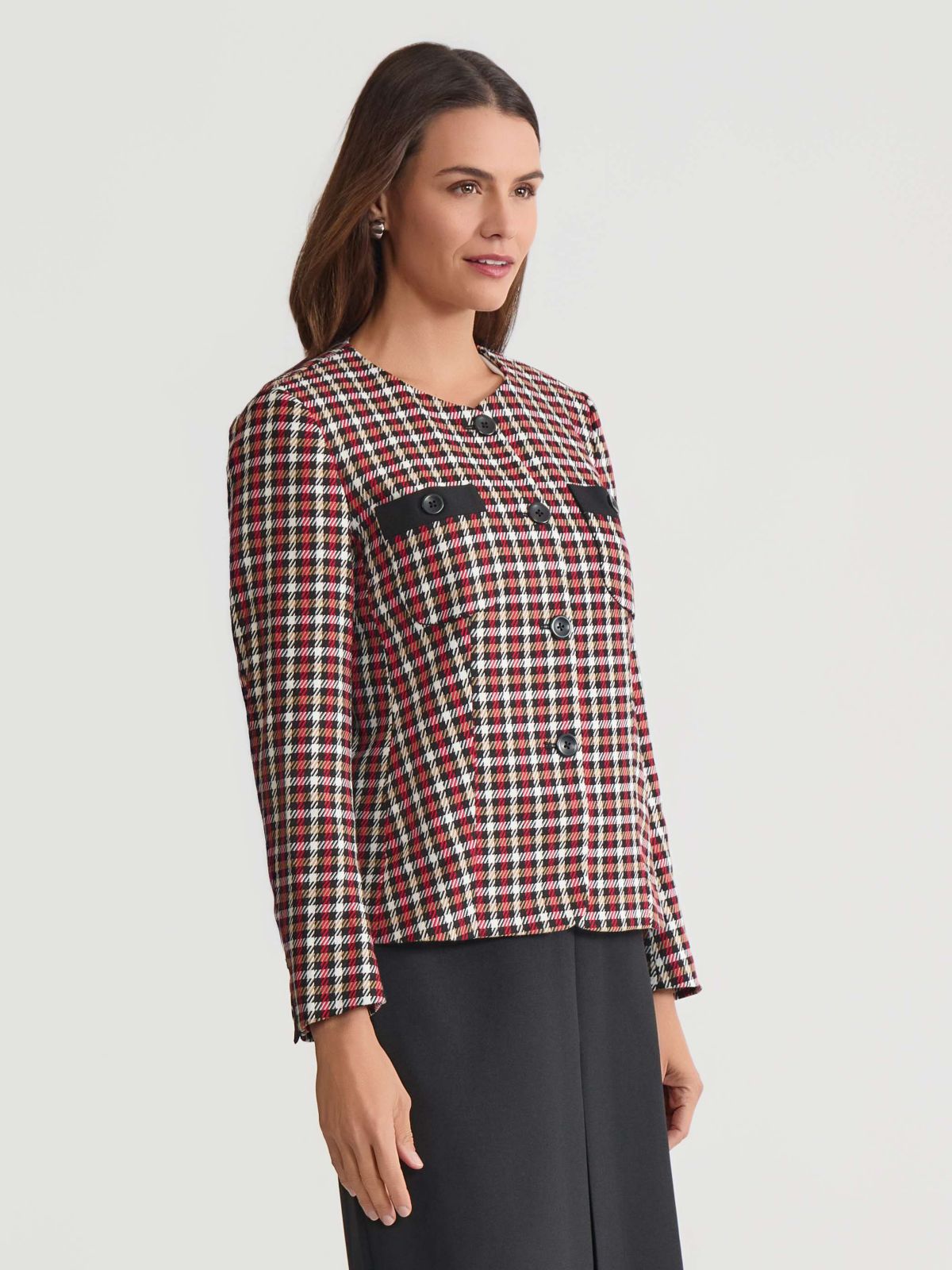 Womens Plaid Four Button Patch Pocket Jacket