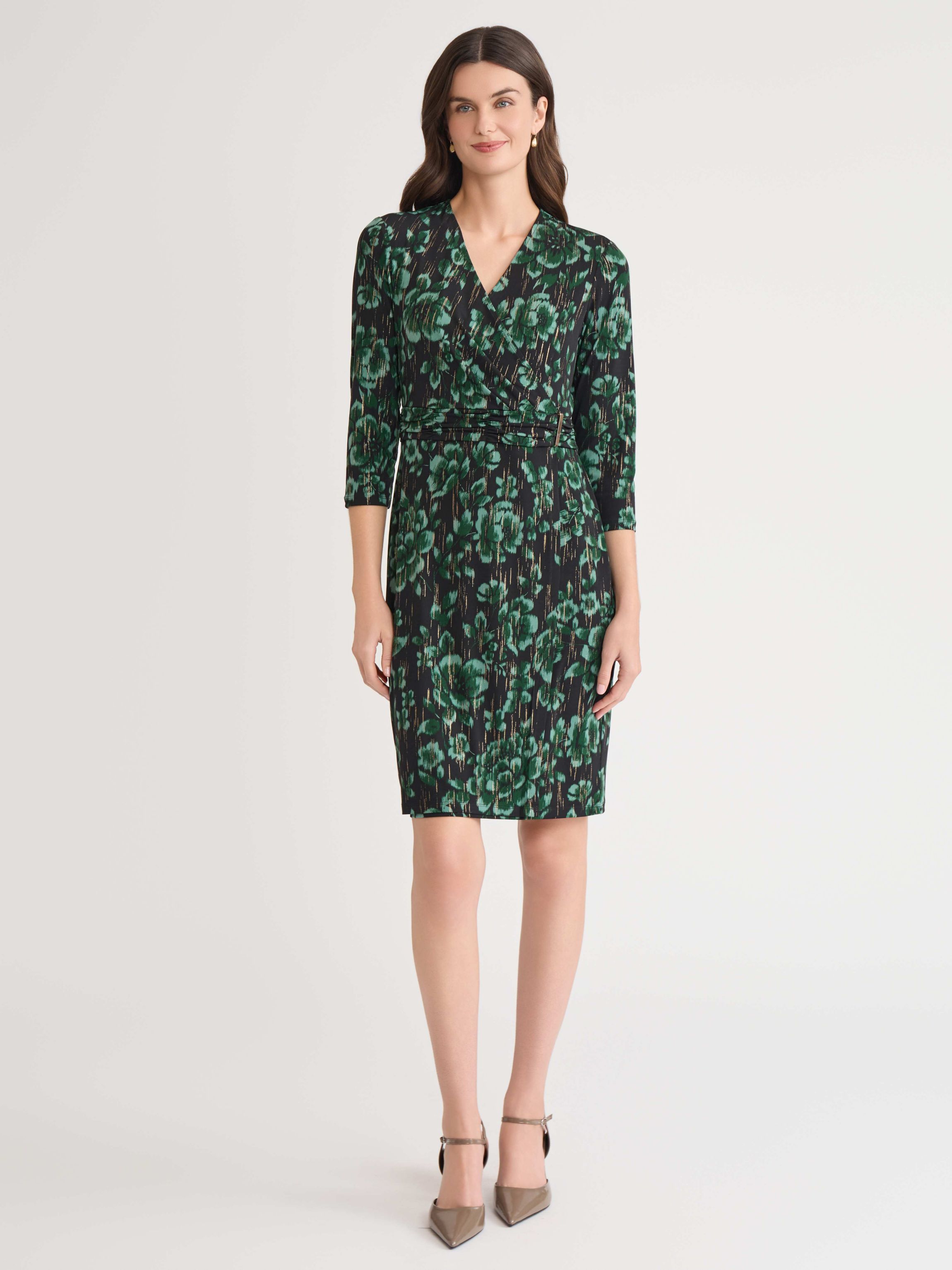Womens Floral Print Three Quarter Sleeve Wrap Dress