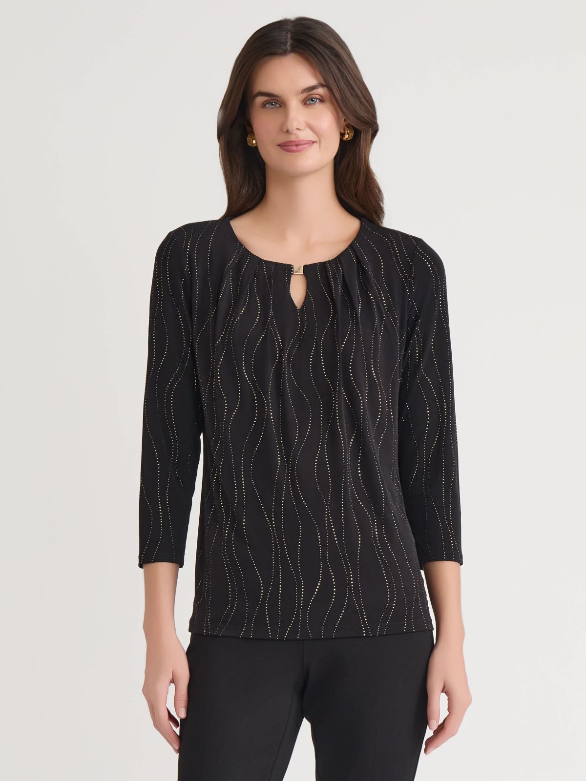 Petite Dewdrop Three Quarter Sleeve Pleat Neck Knit Top