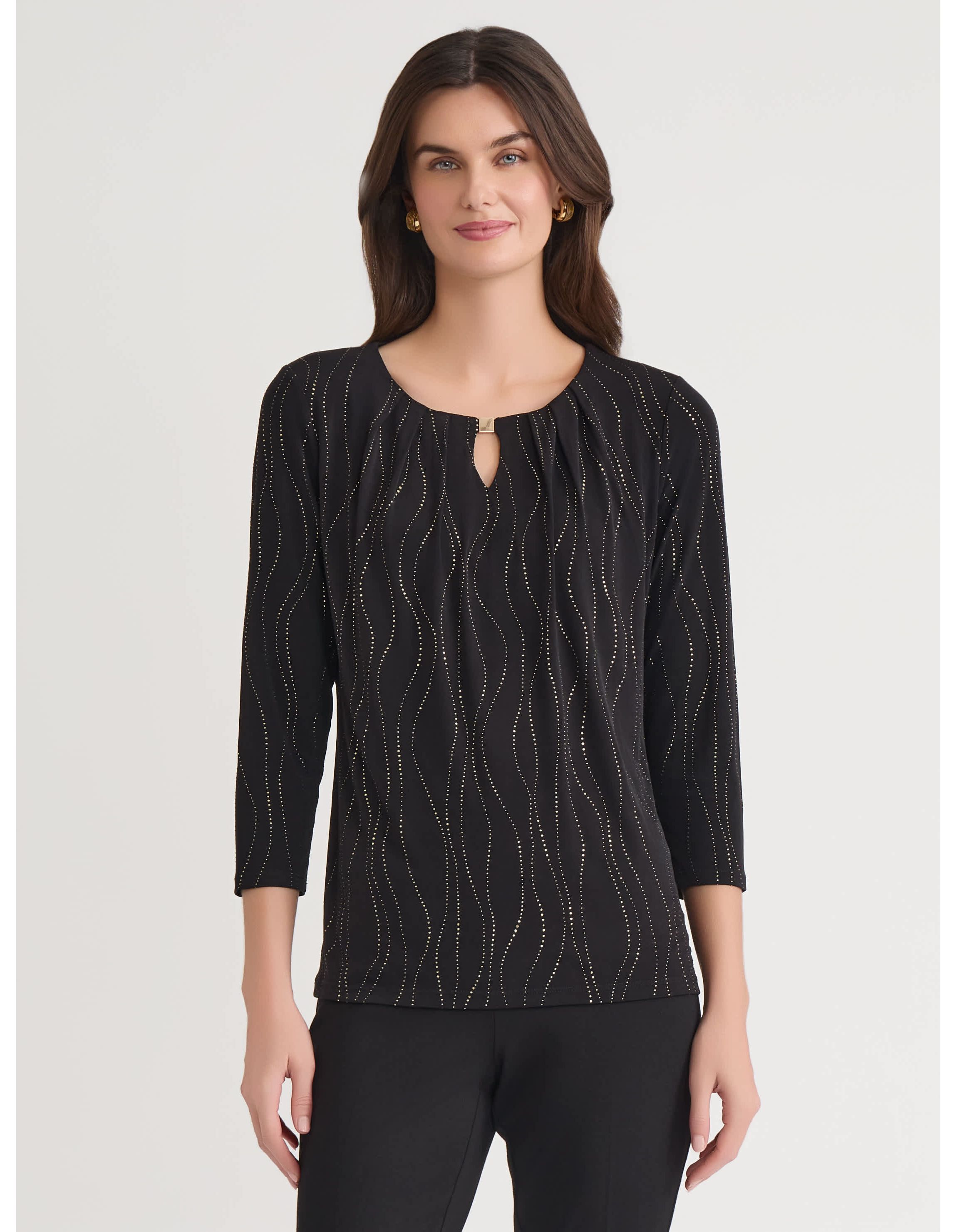 Petite Dewdrop Three Quarter Sleeve Pleat Neck Knit Top