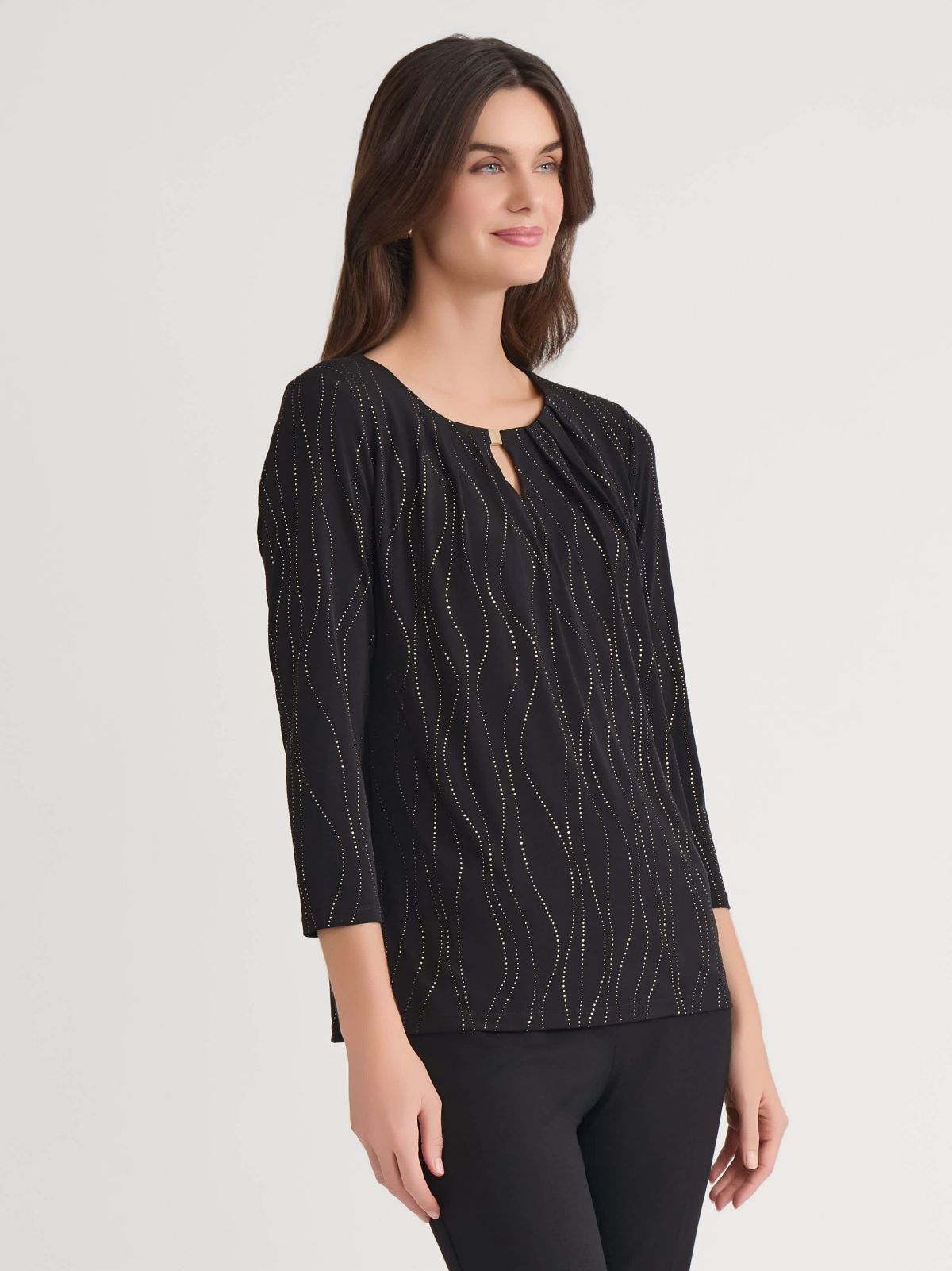 Petite Dewdrop Three Quarter Sleeve Pleat Neck Knit Top