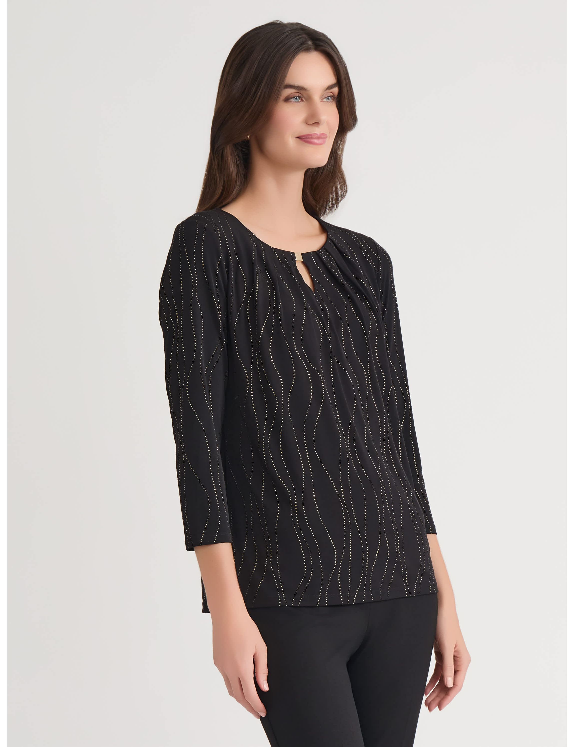 Petite Dewdrop Three Quarter Sleeve Pleat Neck Knit Top