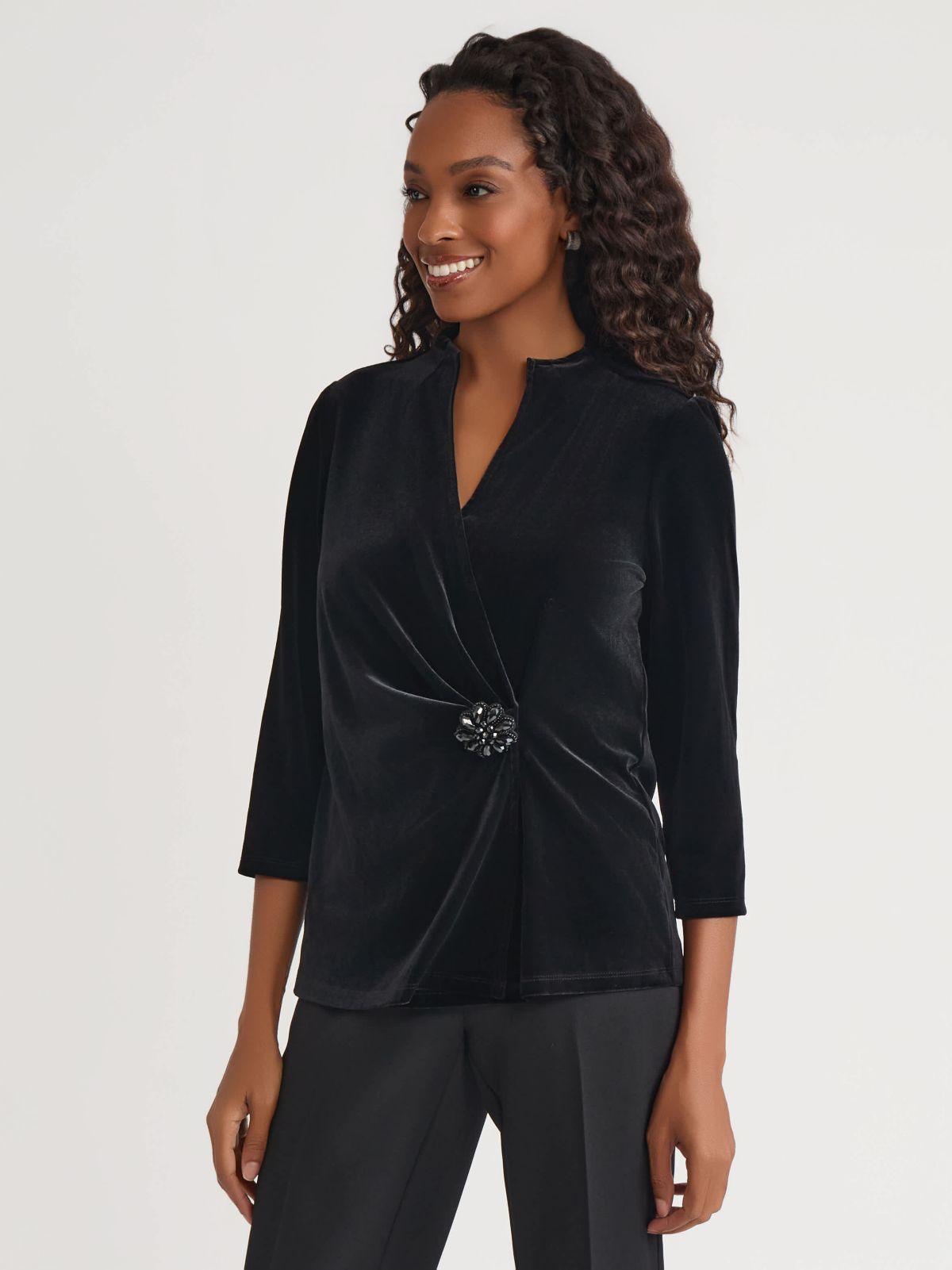 Petite Three Quarter Sleeve Wrap Top with Embellishment