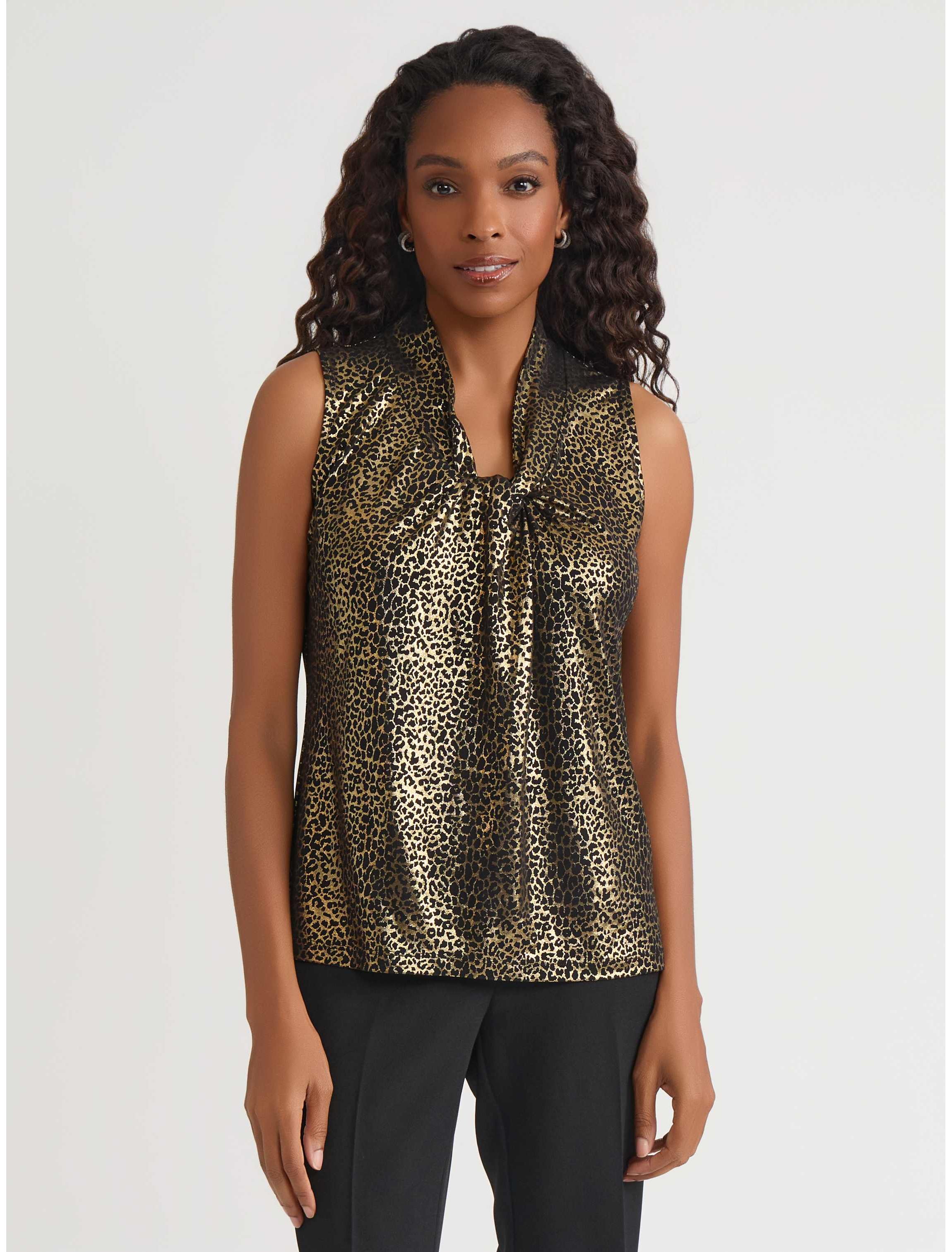 Petite Foil Animal Print Knot Neck Knit Top