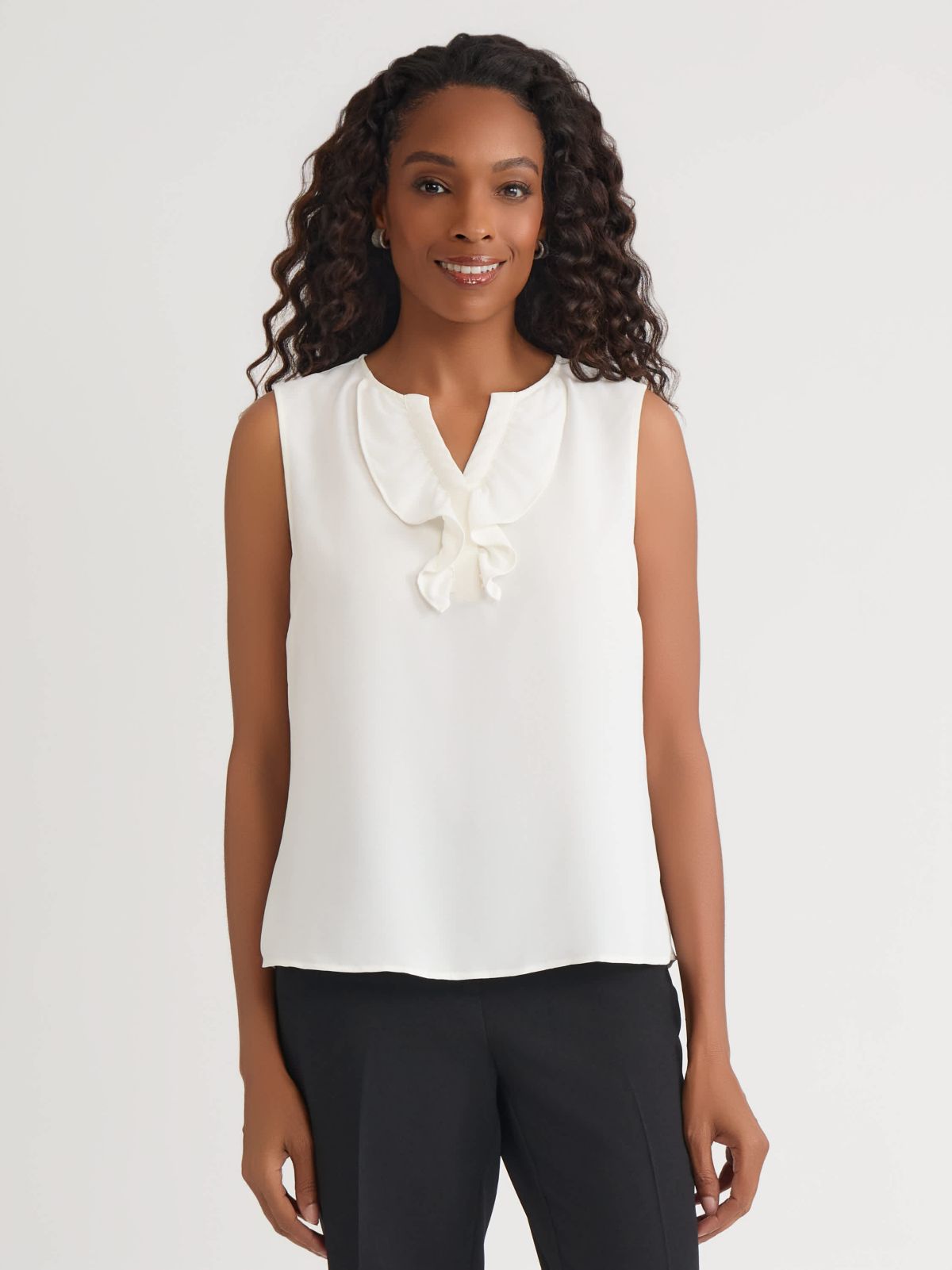 Petite Sleeveless Split Neck Blouse with Ruffle