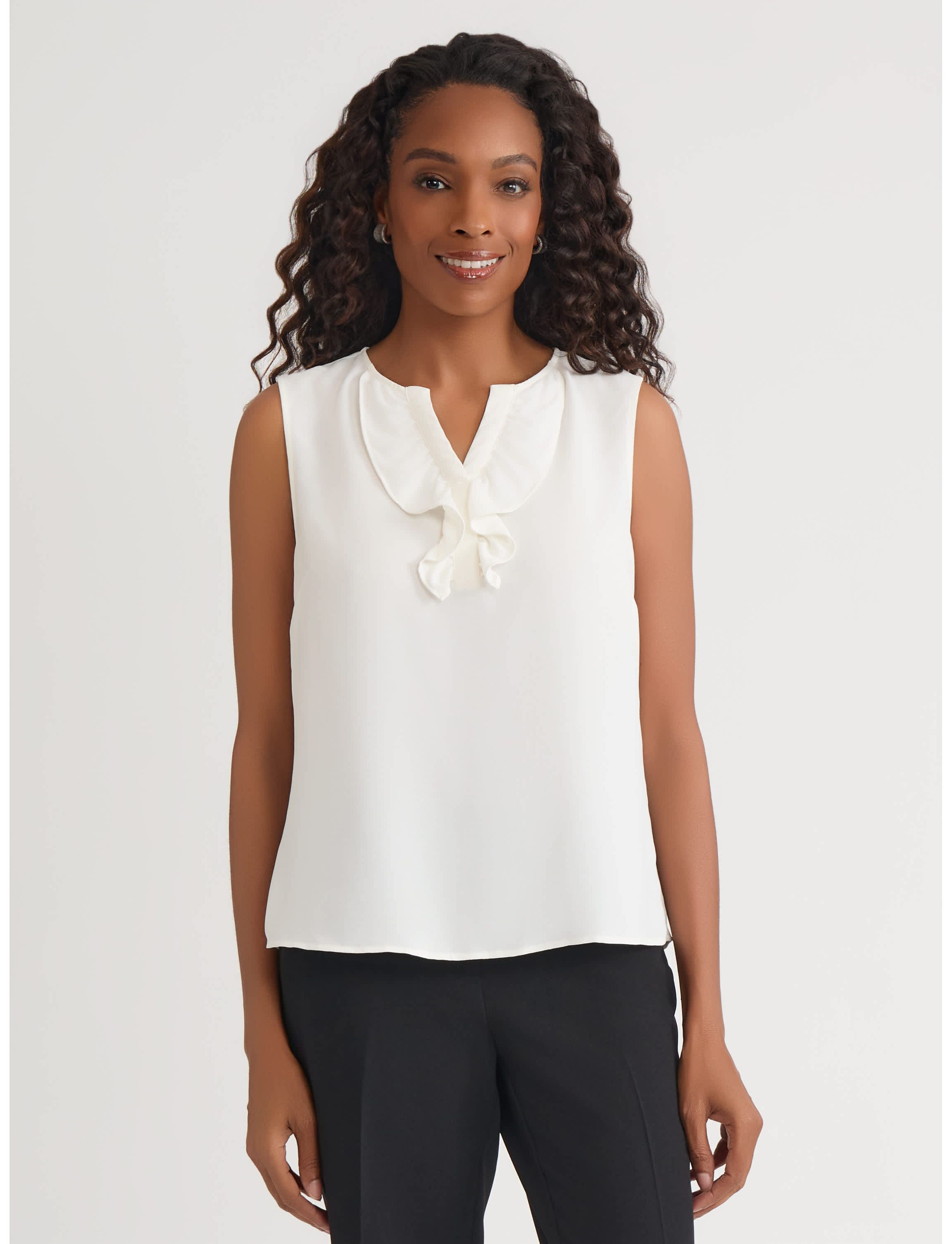 Petite Sleeveless Split Neck Blouse with Ruffle
