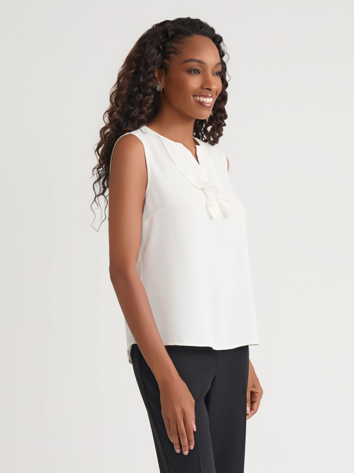 Petite Sleeveless Split Neck Blouse with Ruffle