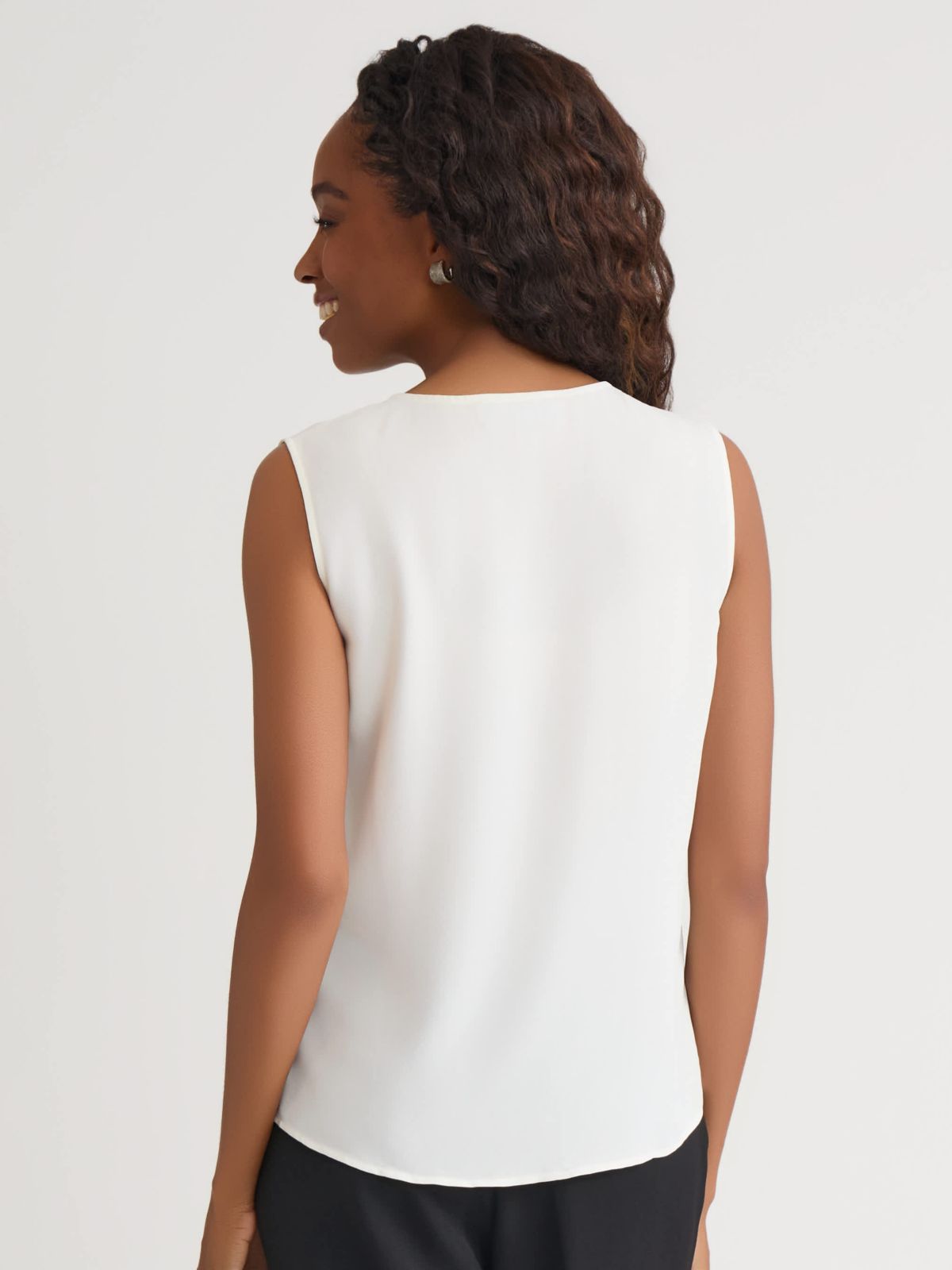 Petite Sleeveless Split Neck Blouse with Ruffle