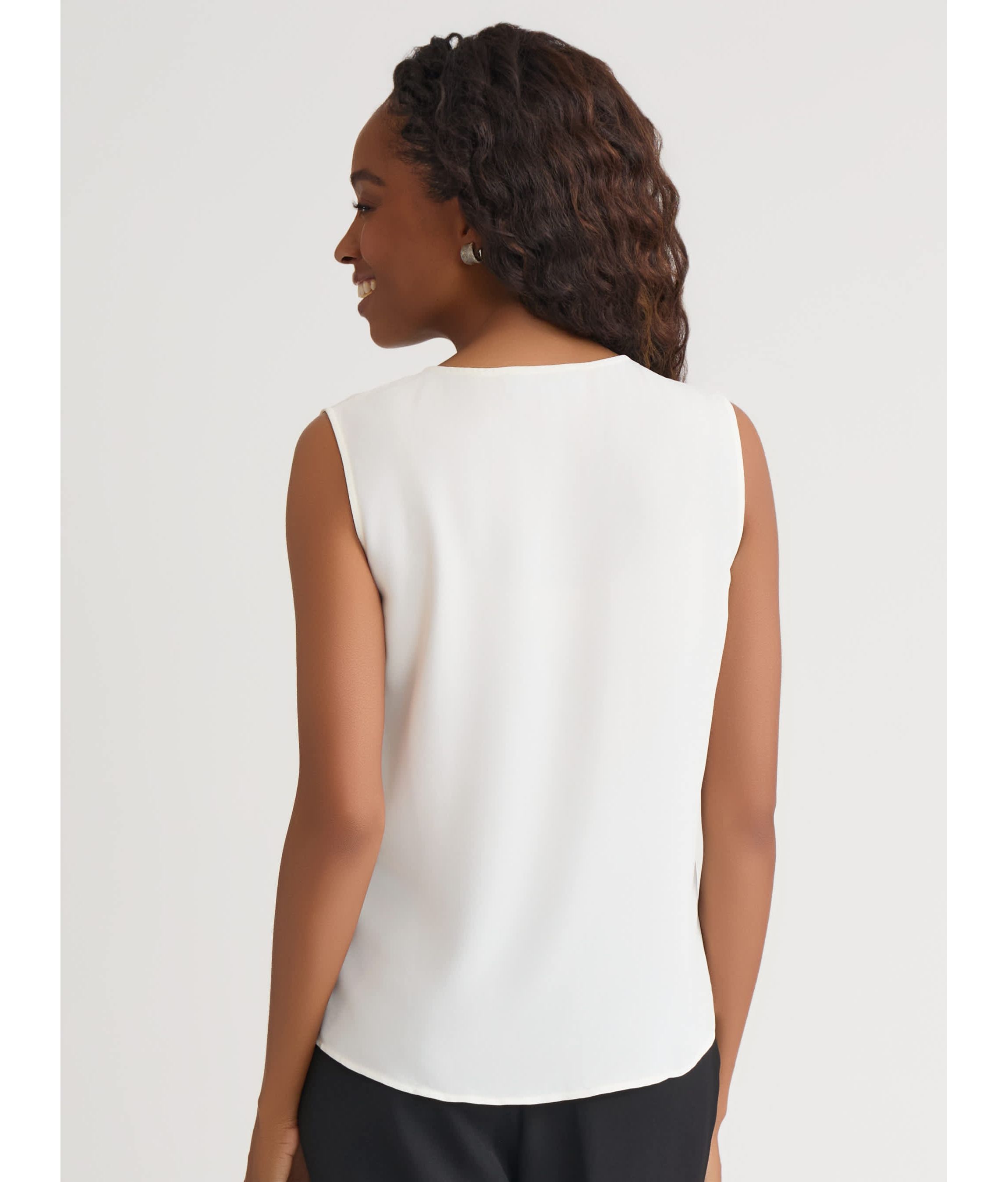 Petite Sleeveless Split Neck Blouse with Ruffle