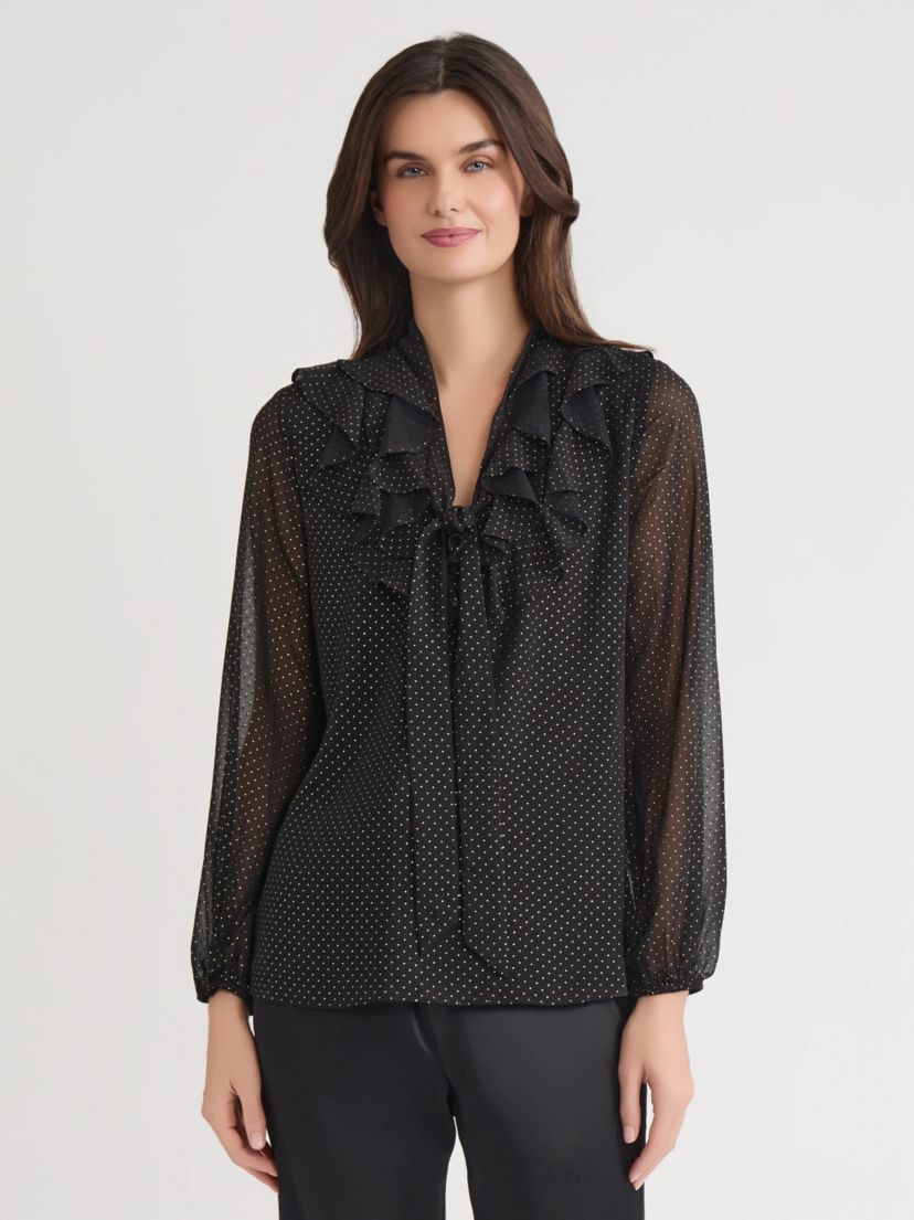 Petite Foil Dot Long Sleeve Ruffle Front Blouse