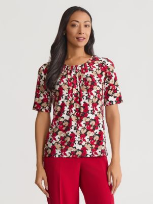 Kasper Women's Petite Mini Floral Print Elbow Sleeve Knit Top