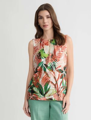 Kasper Women's Sleeveless Leaf Print Knit Top with Embellished Keyhole