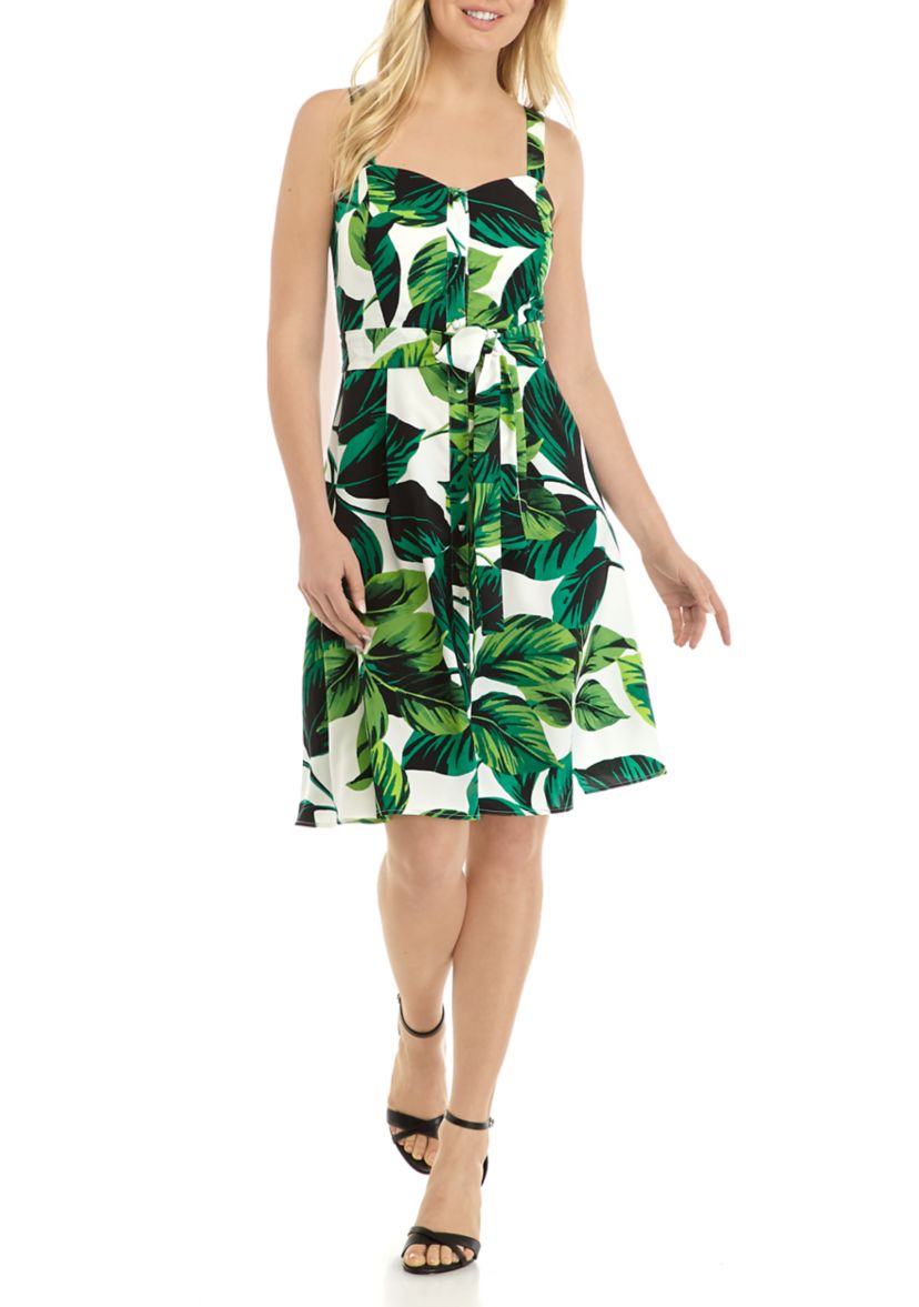 Womens Leaf Print Button Front Tie Waist Dress