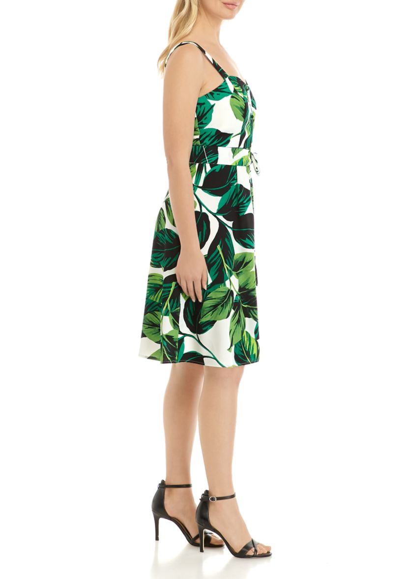 Womens Leaf Print Button Front Tie Waist Dress