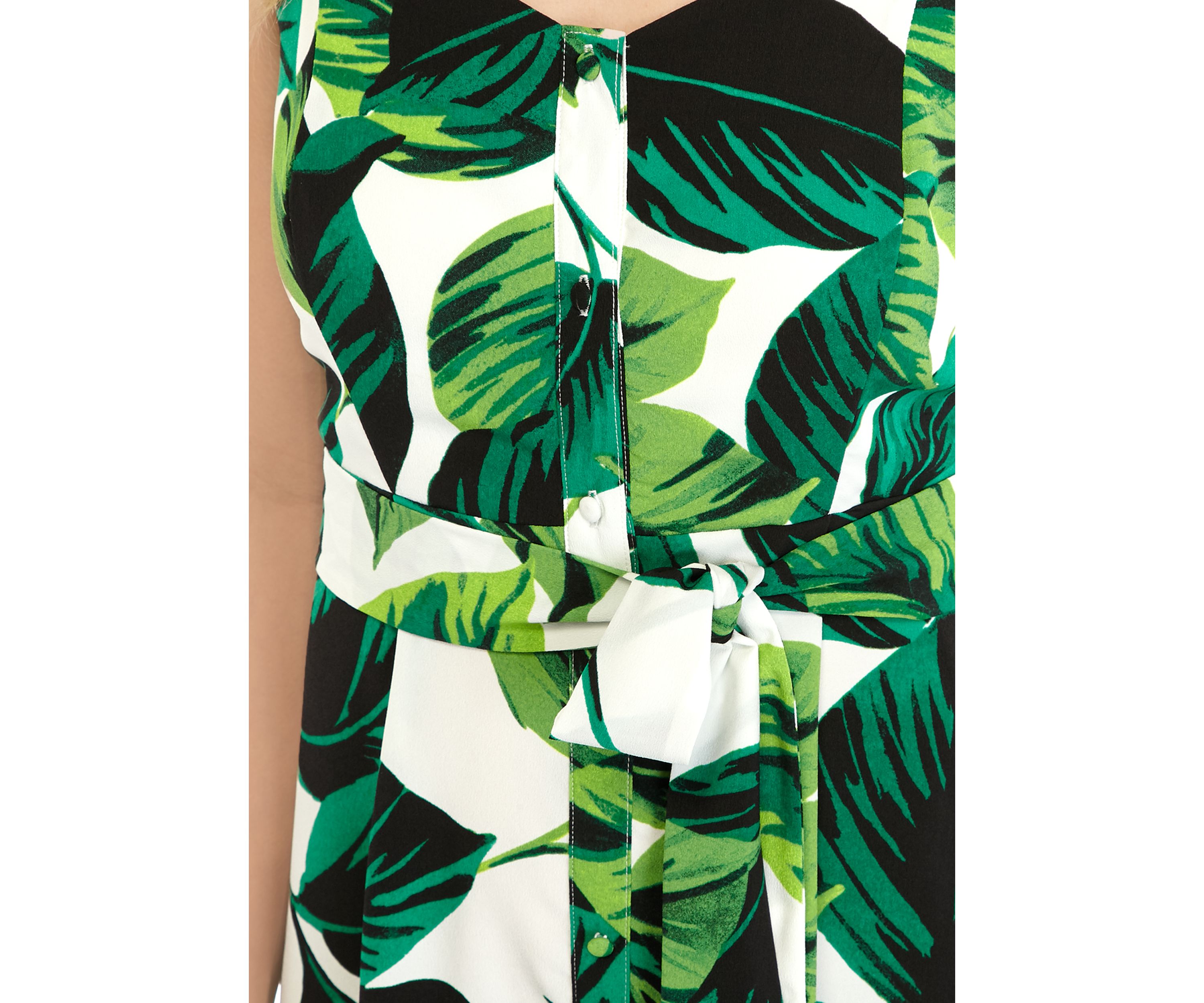 Womens Leaf Print Button Front Tie Waist Dress