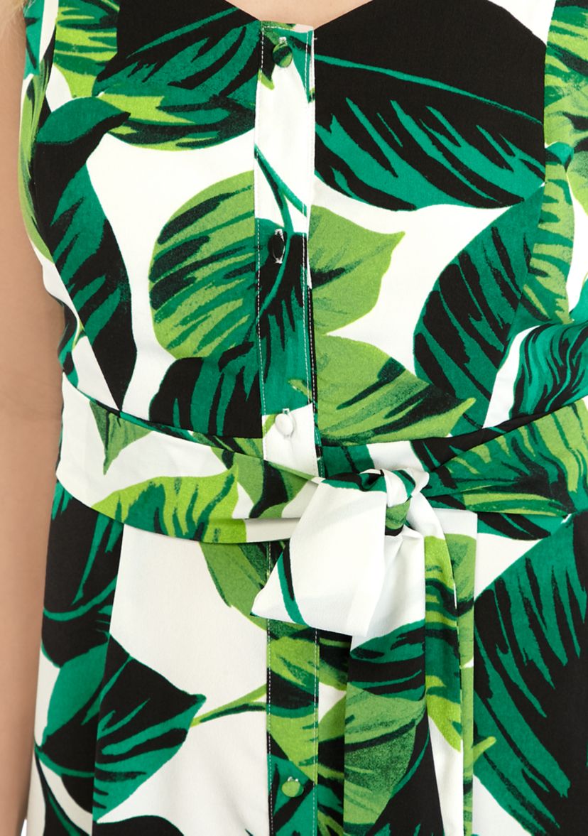Womens Leaf Print Button Front Tie Waist Dress